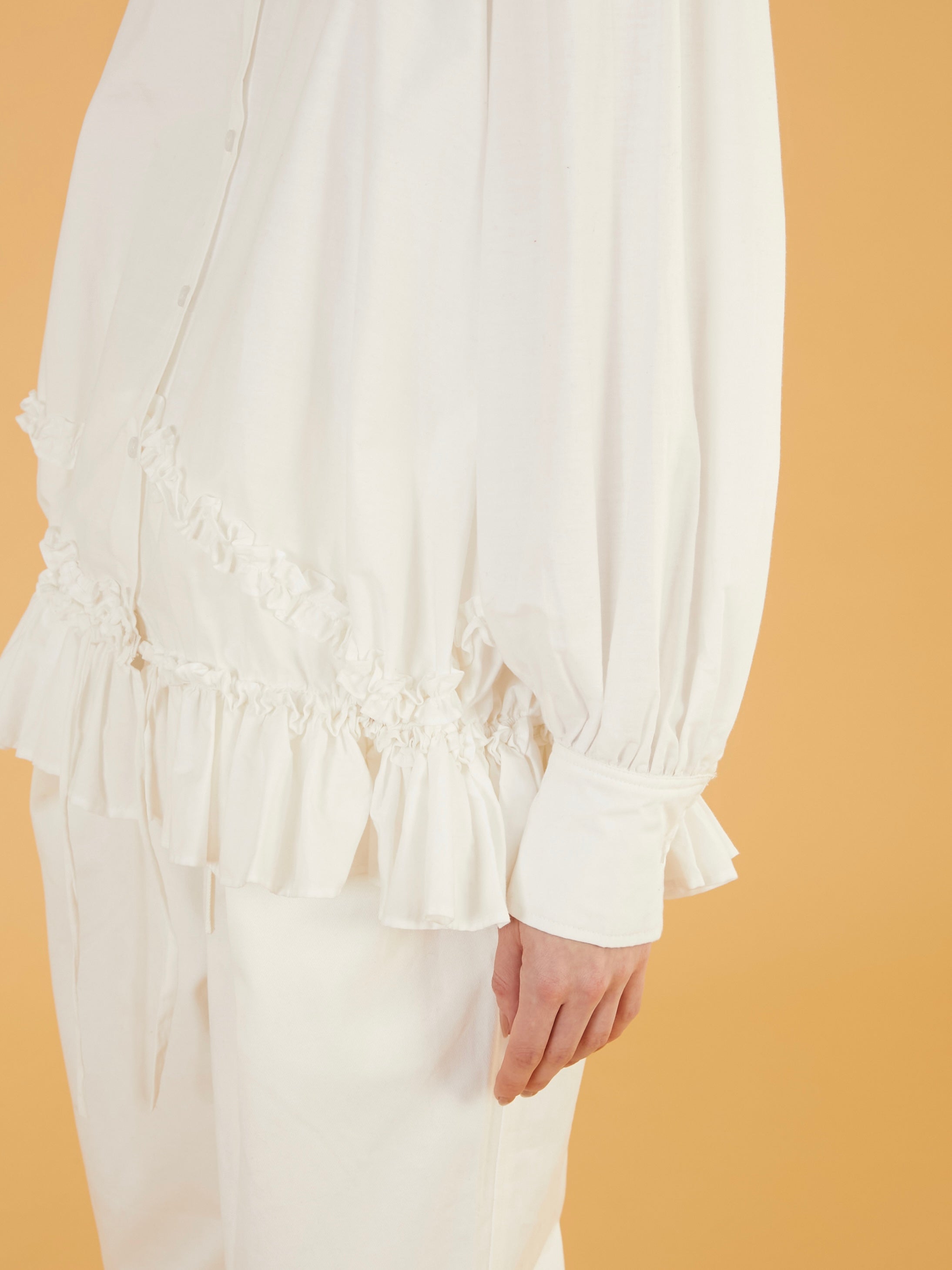 frill hem long sleeve shirts|WHITE