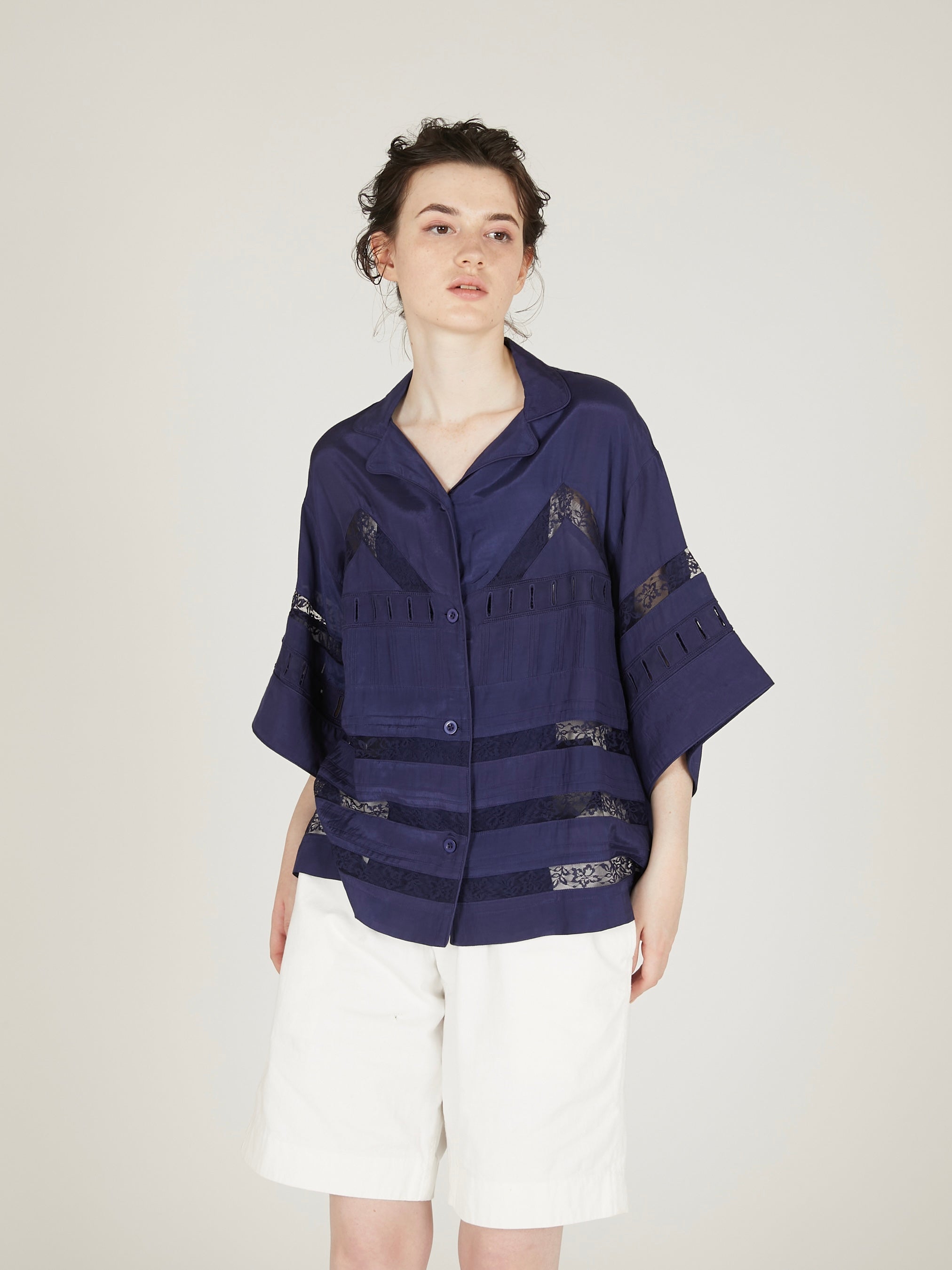 tuck lace open collar shirts|NAVY