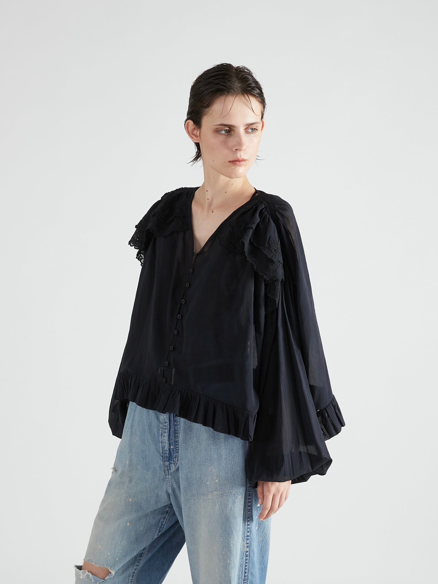 scallop frill blouse|BLACK