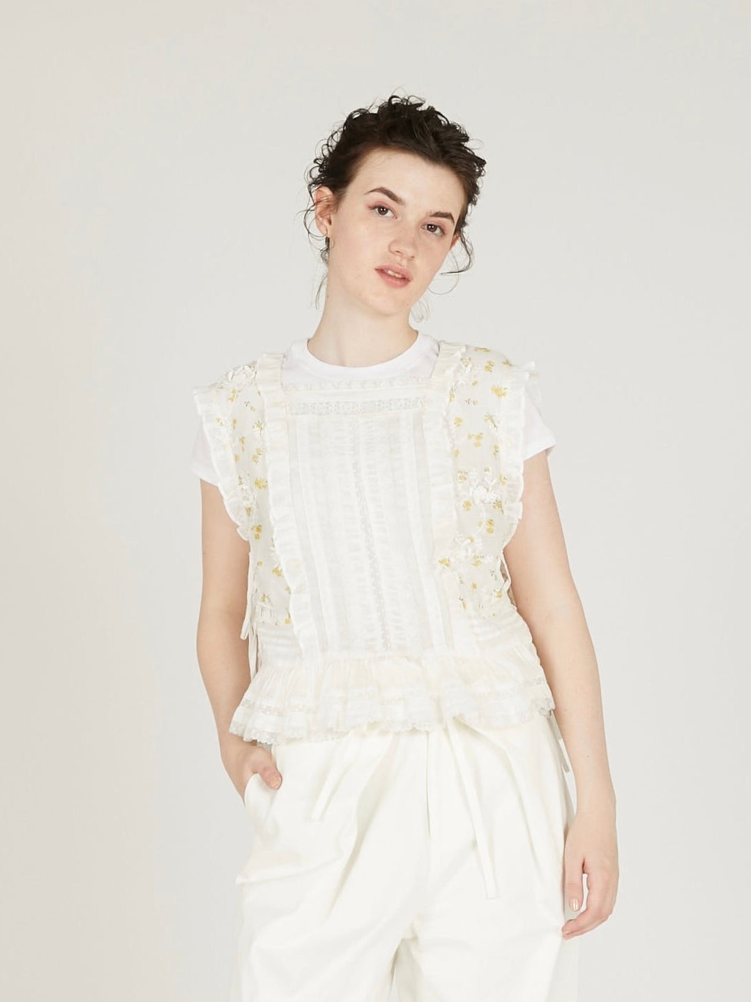 sheer flower vest blouse|IVORY