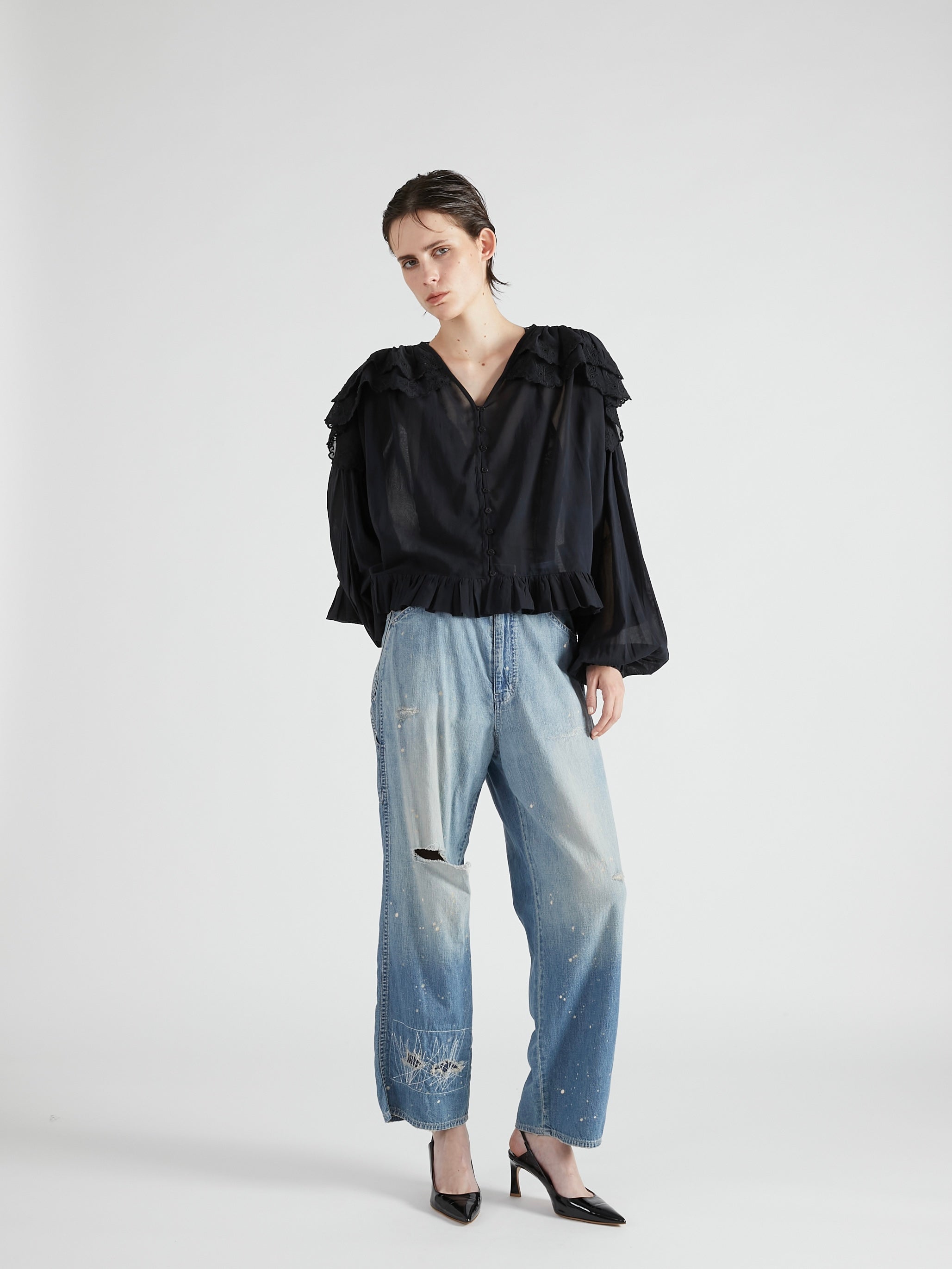 scallop frill blouse|BLACK