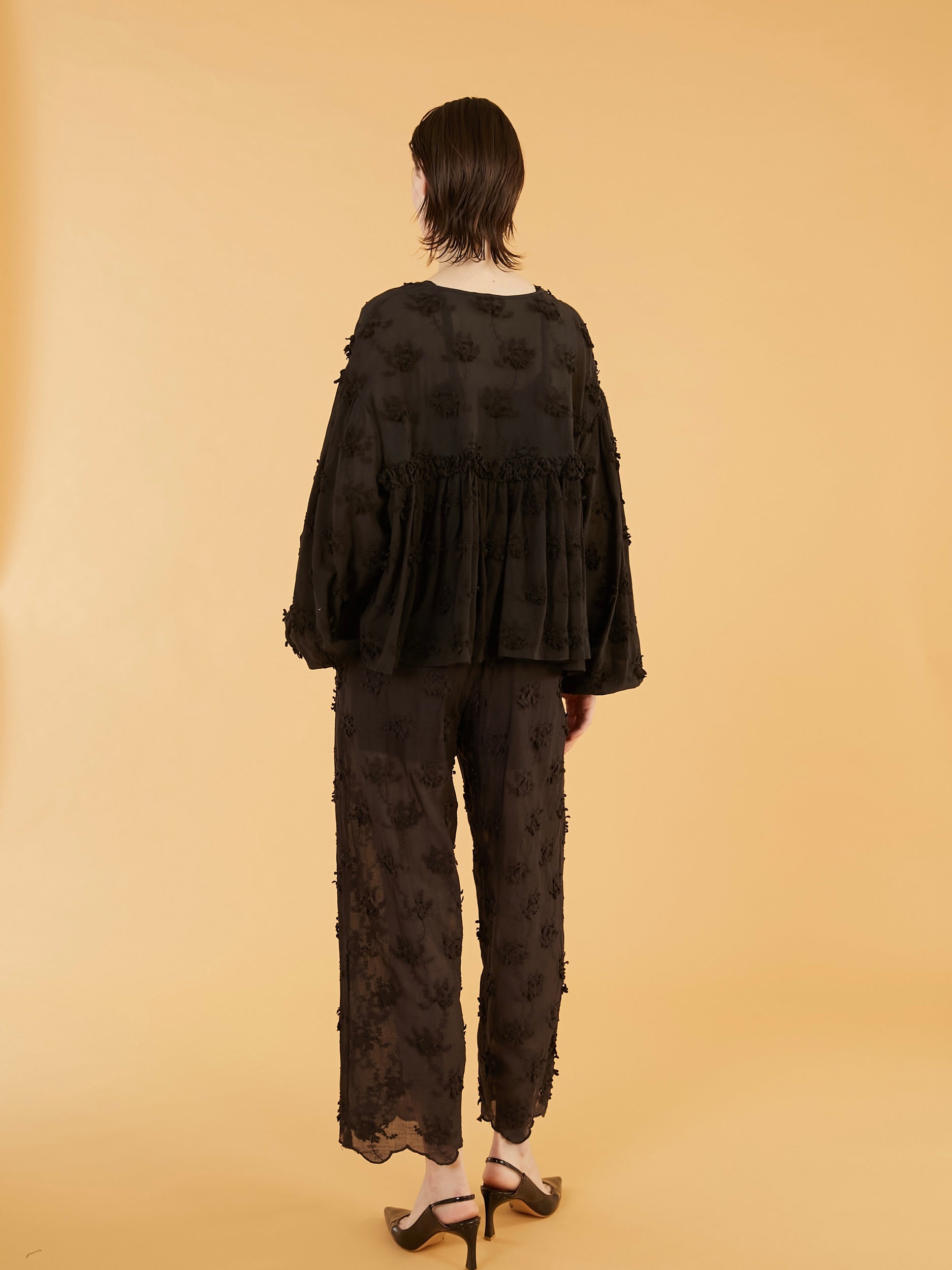 sheer cotton 3D embroidery easy pants|BLACK