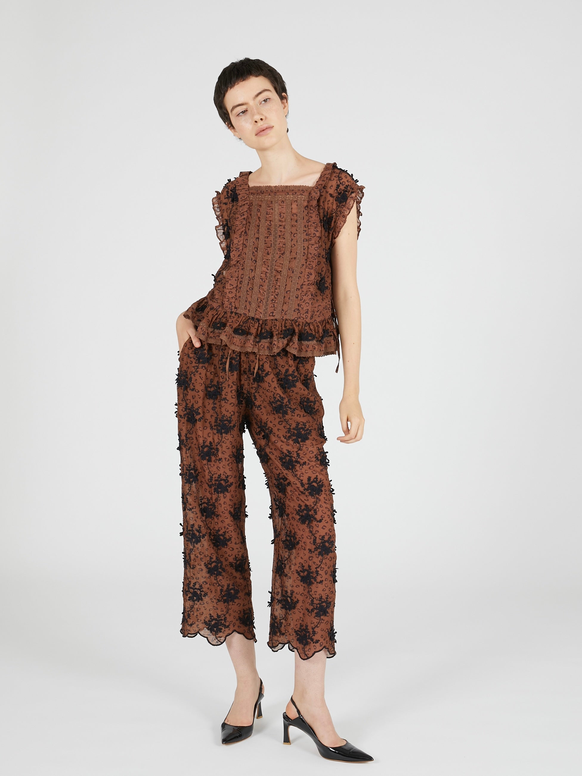 3D embroidery leopard blouse|BROWN