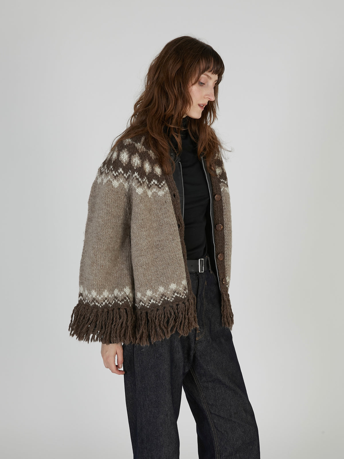 fair isle fringe hand knit cardigan|BROWN