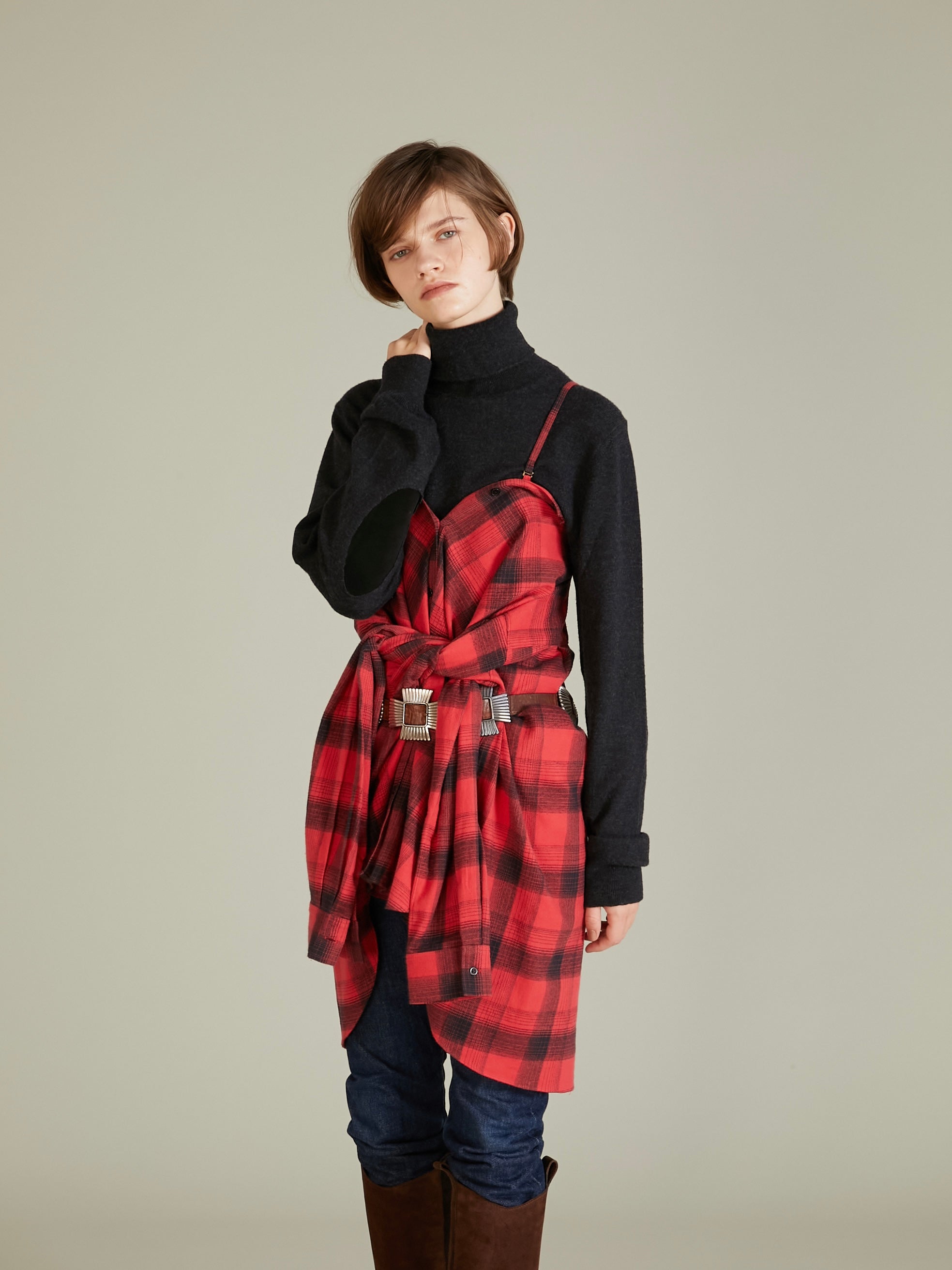 nel check shirt bustier|RED