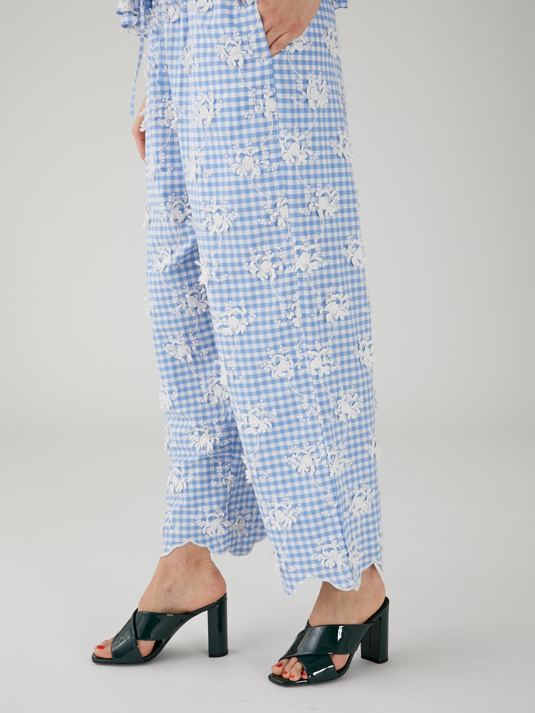 3D embroidery gingham pants | BLUE