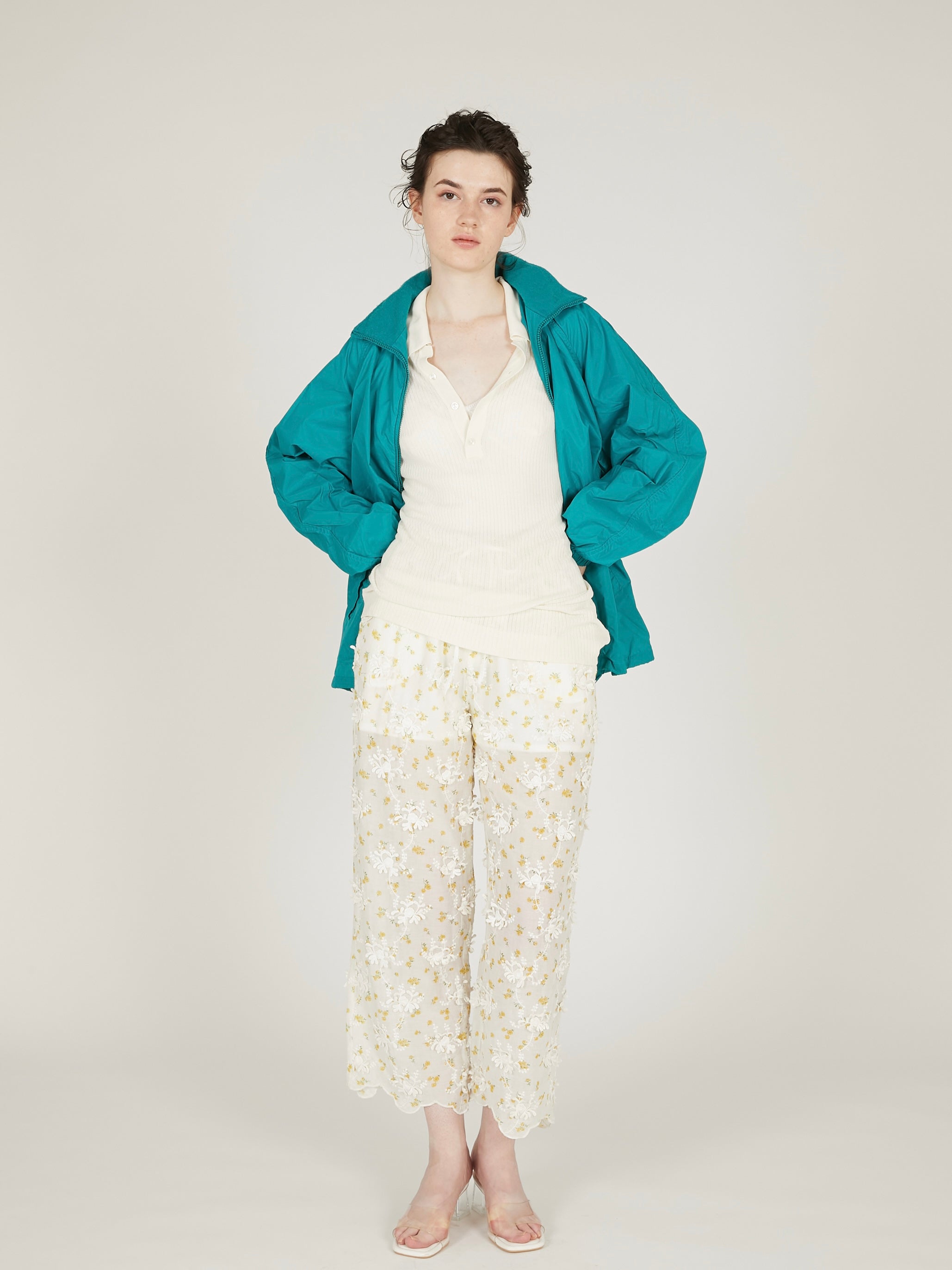 sheer flower easy pants|IVORY