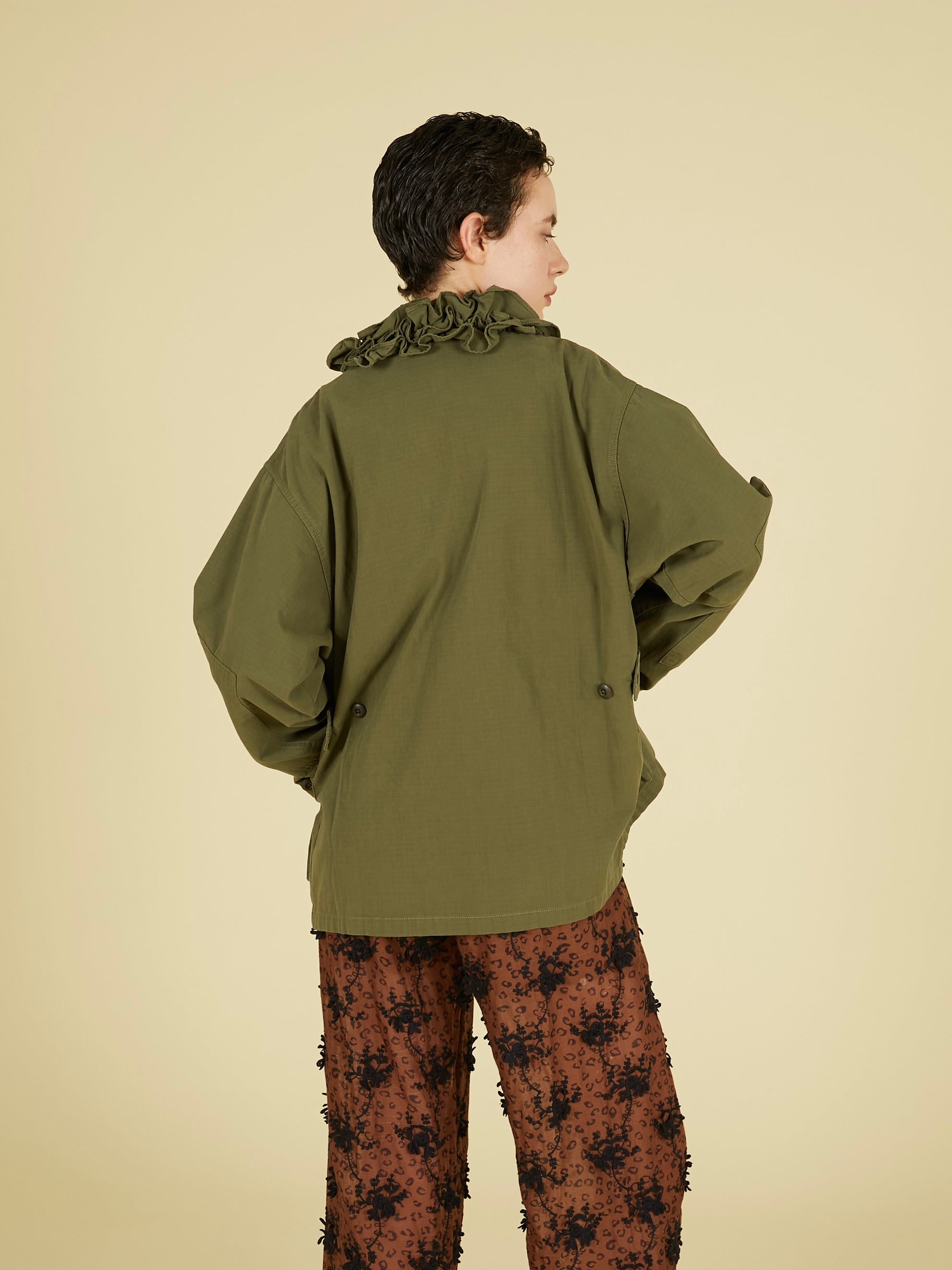 frill collar military jacket|KHAKI