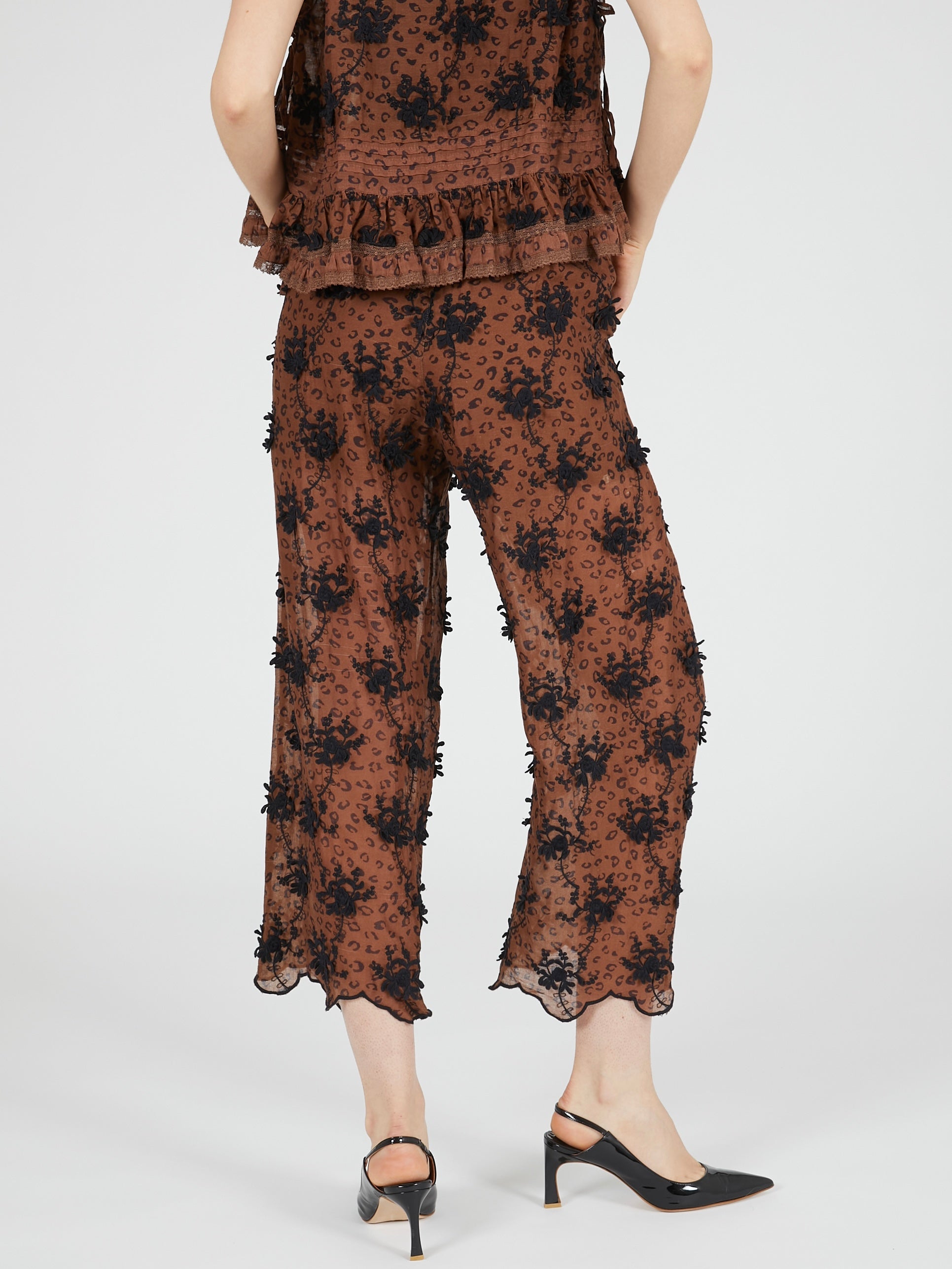 3D embroidery leopard easy pants|BROWN