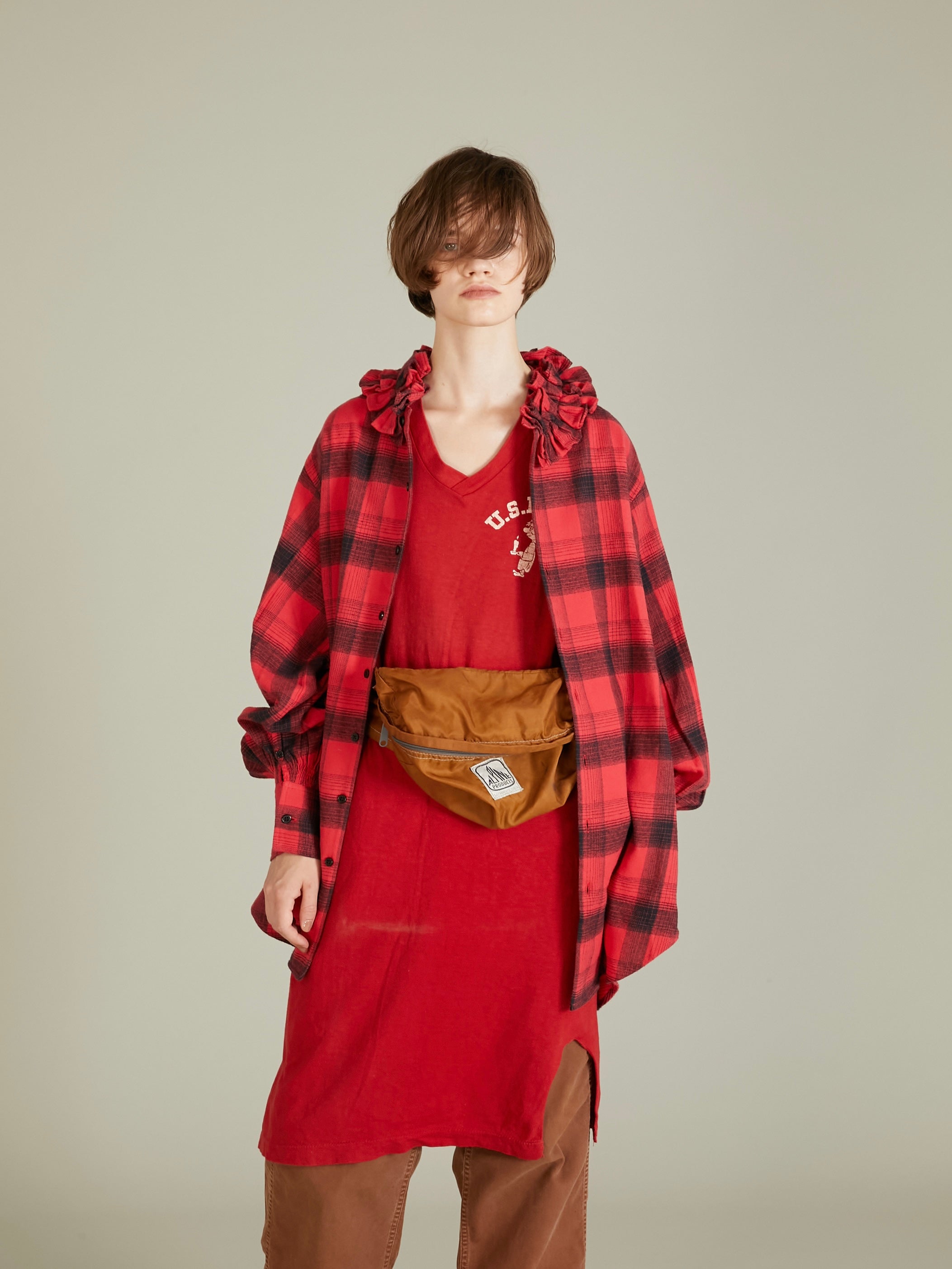 nel check frill collar shirt|RED
