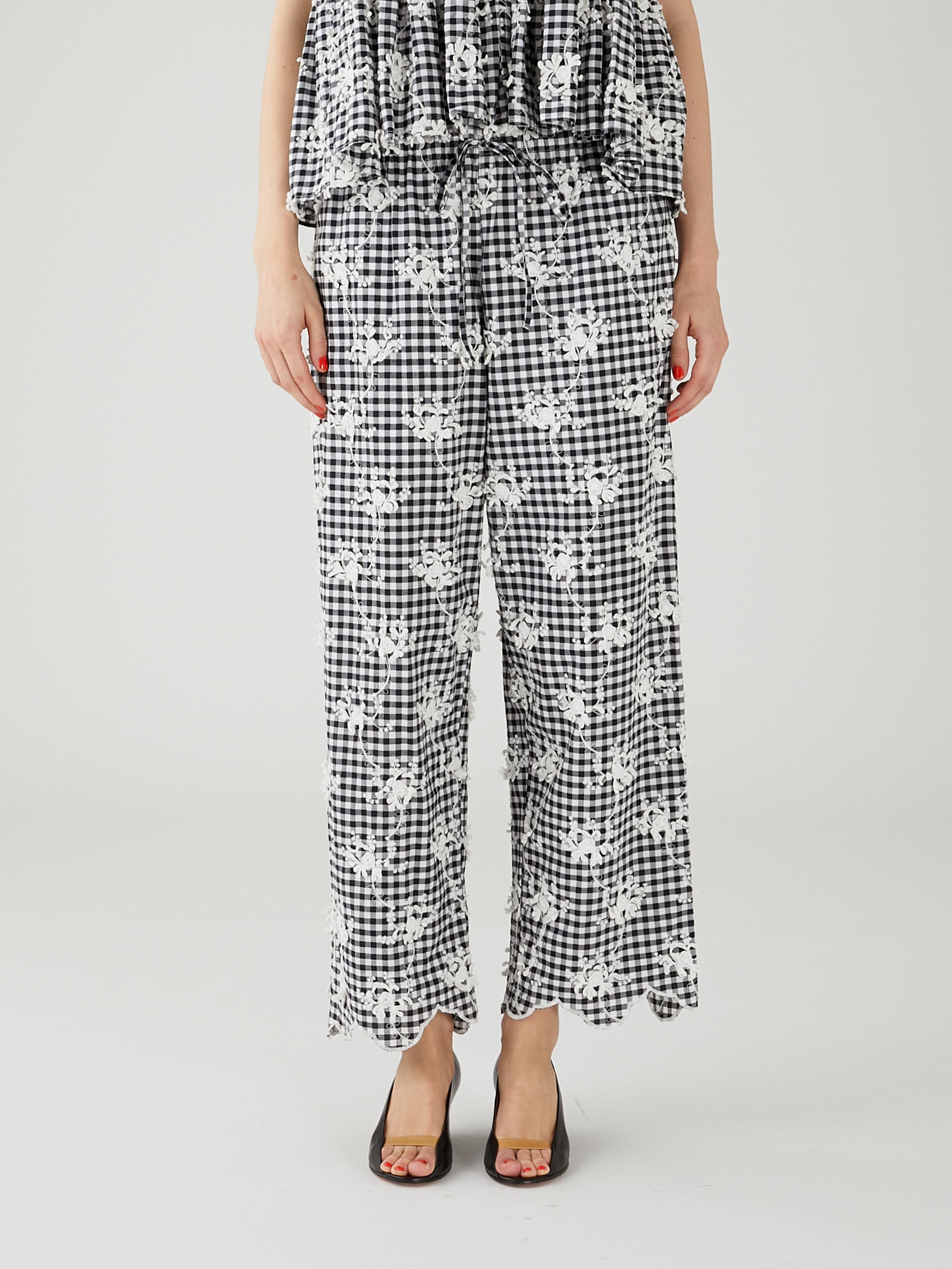 3D embroidery gingham pants | BLACK