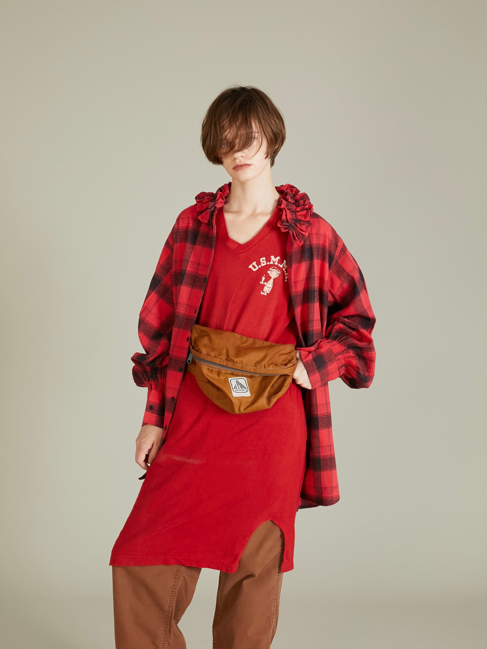 nel check frill collar shirt|RED