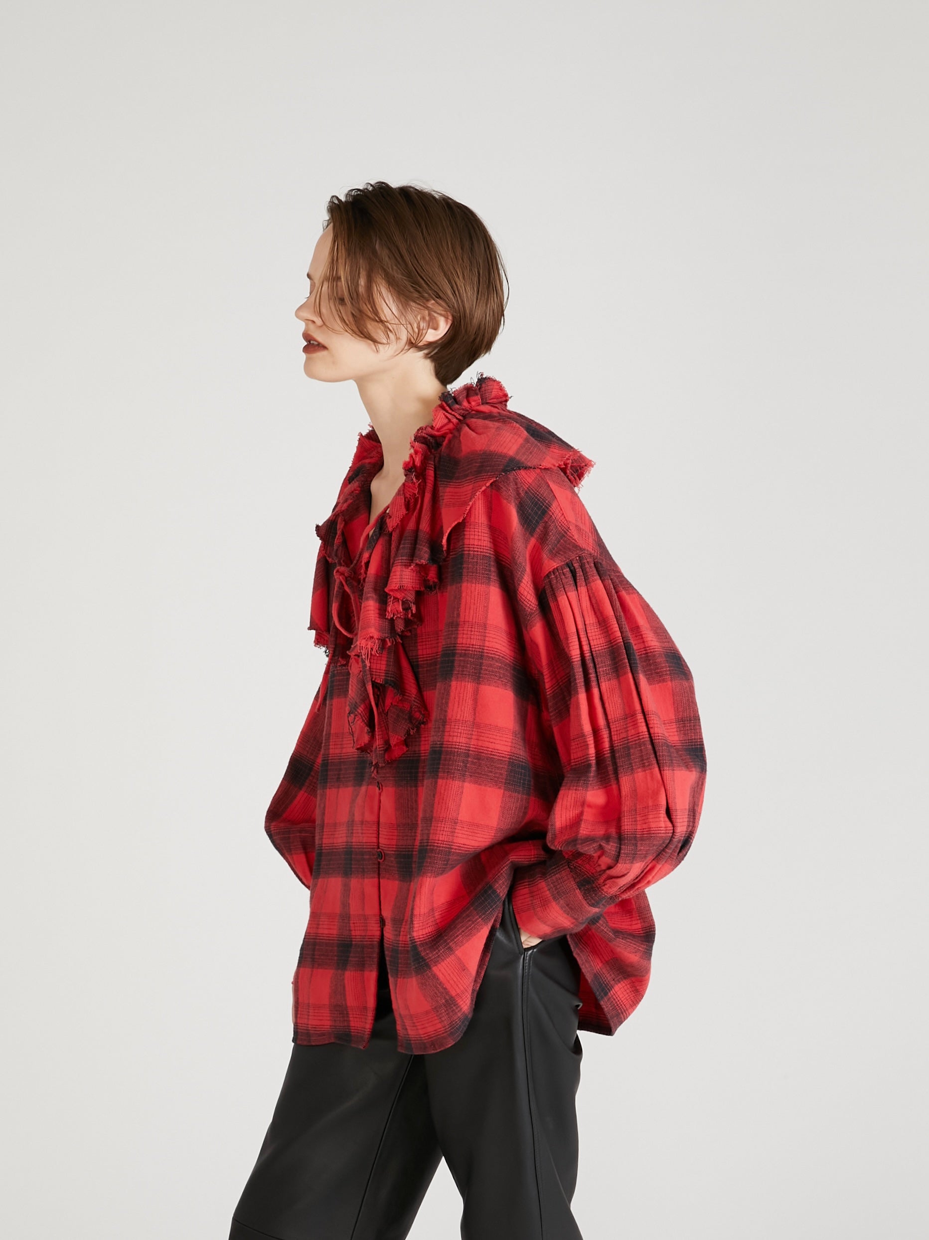 nel check ruffle blouse|RED