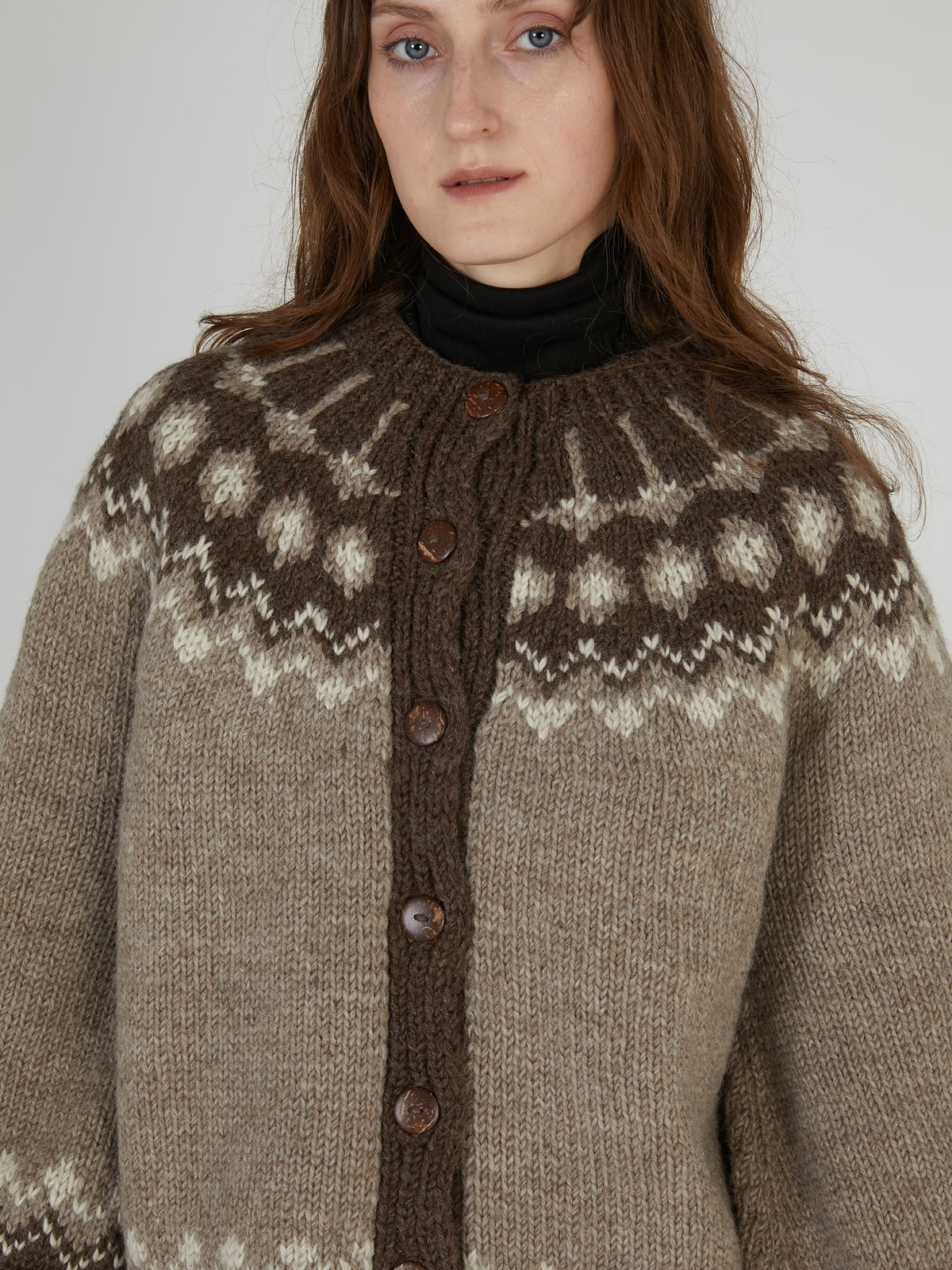 fair isle fringe hand knit cardigan|BROWN