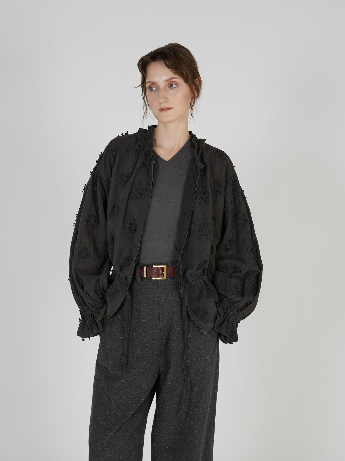 3D embroidery corduroy blouson|GRAY