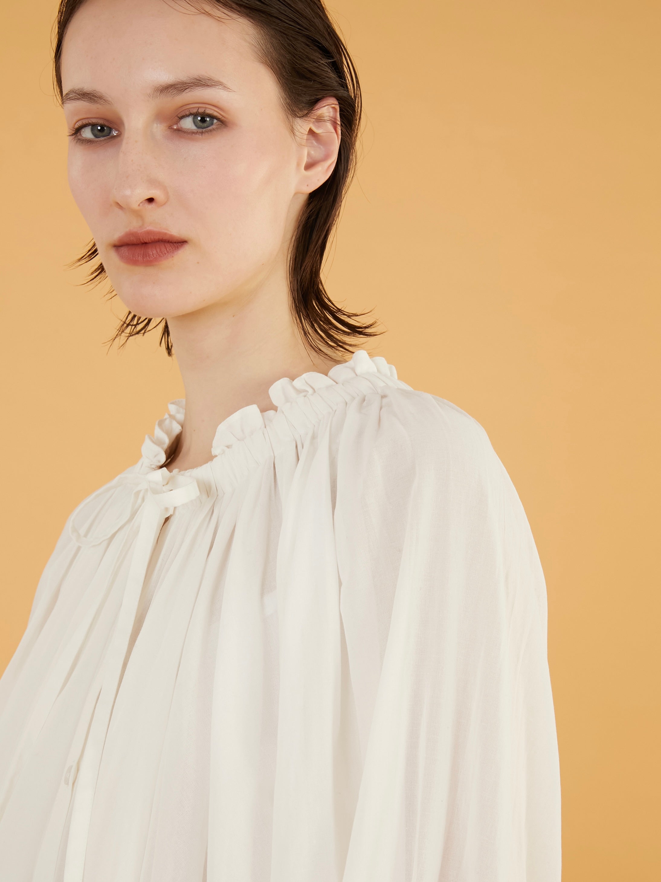 sheer gather volume blouse|WHITE
