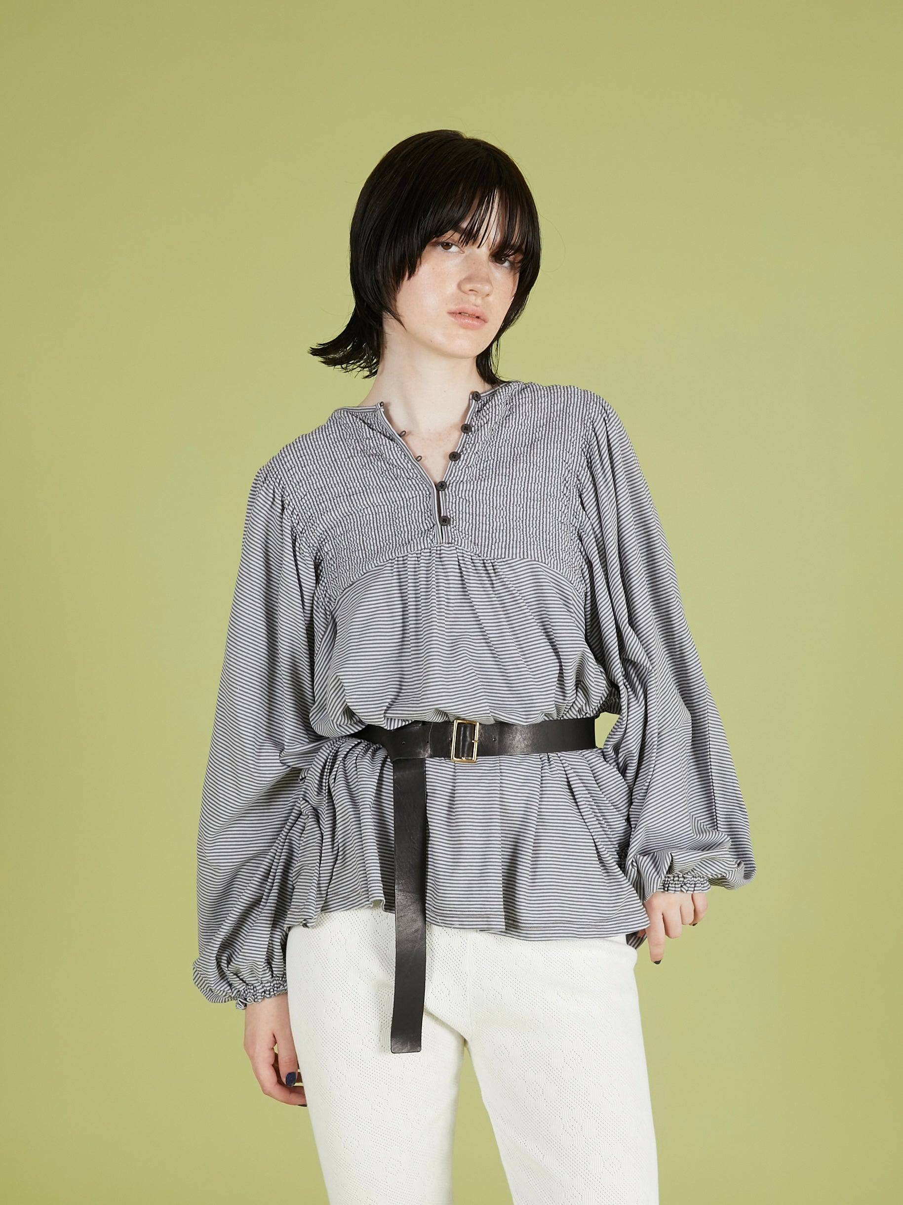 shirring border pullover|GRAY