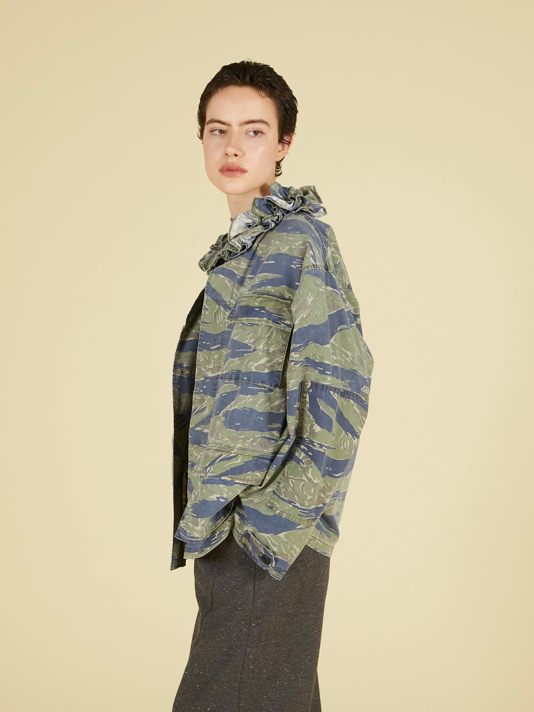 frill collar camo jacket|NAVY