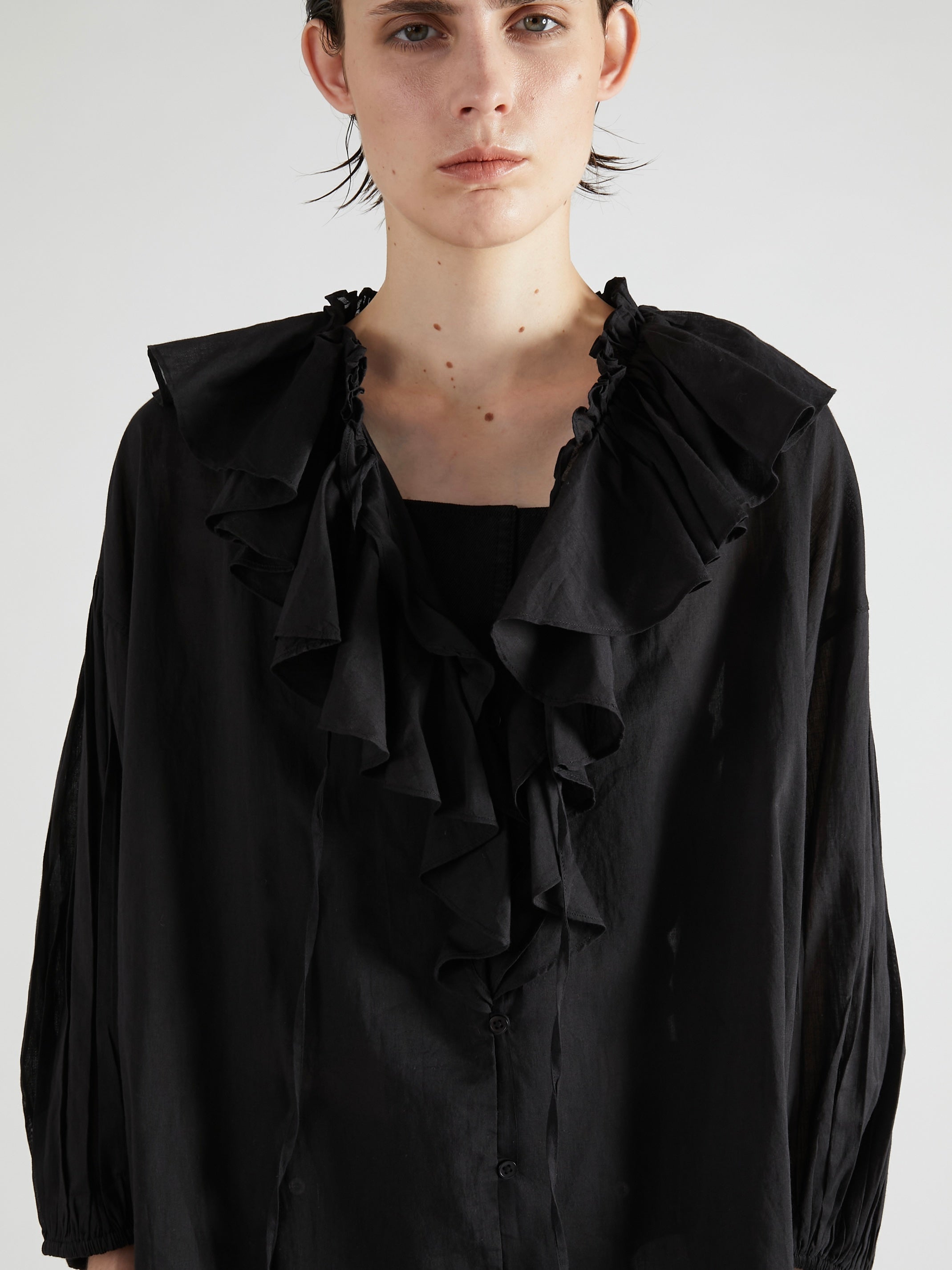 sheer ruffle blouse|BLACK