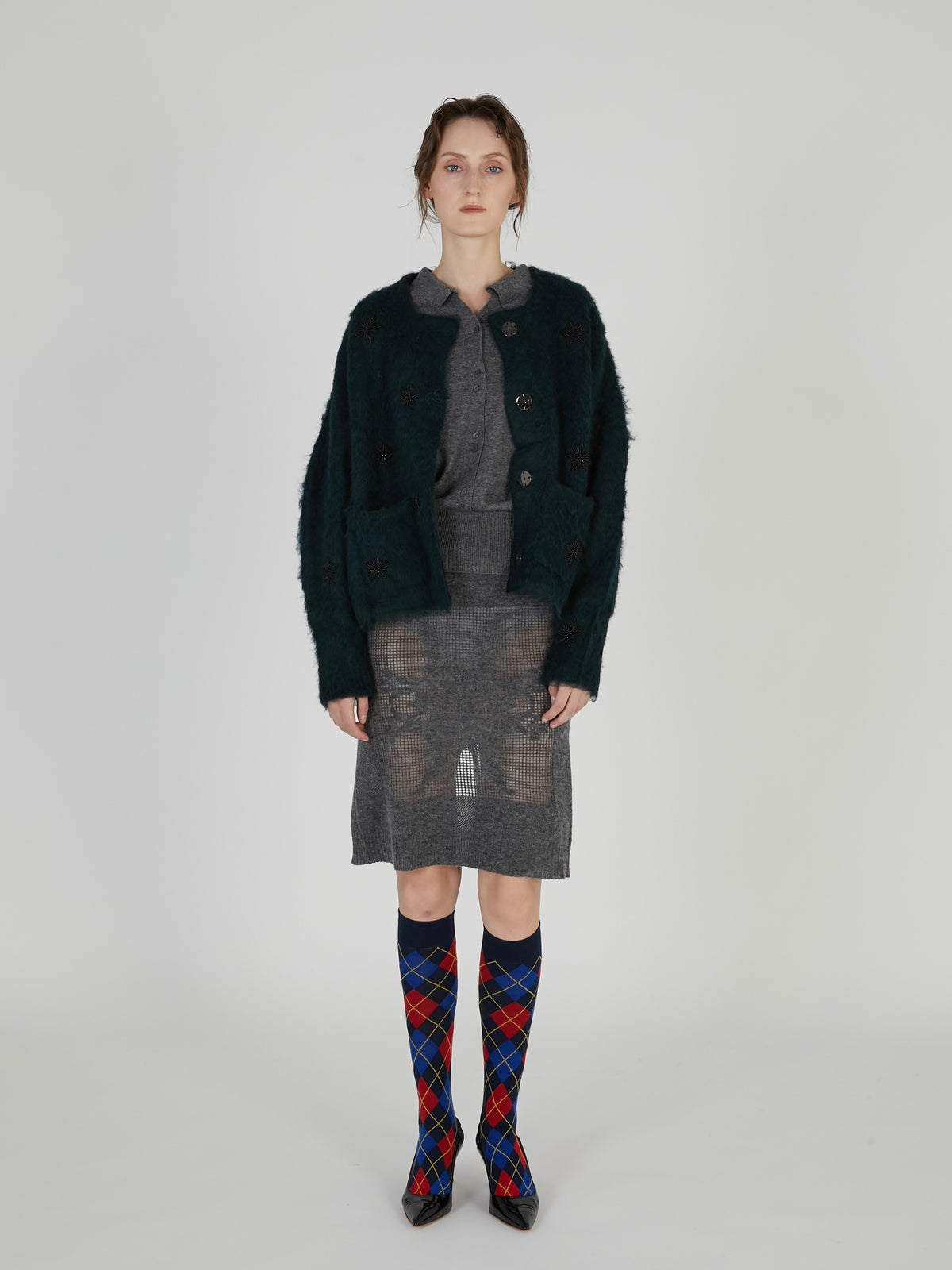 shaggy beads knit jacket|GREEN
