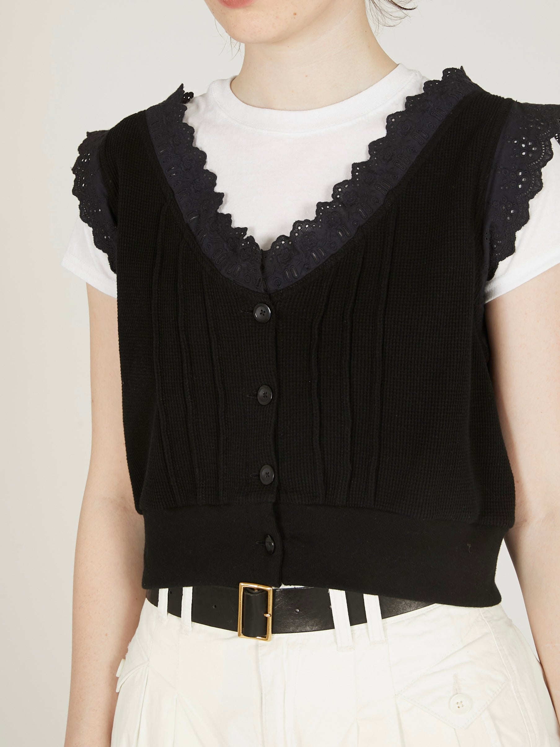 waffle frill vest|BLACK