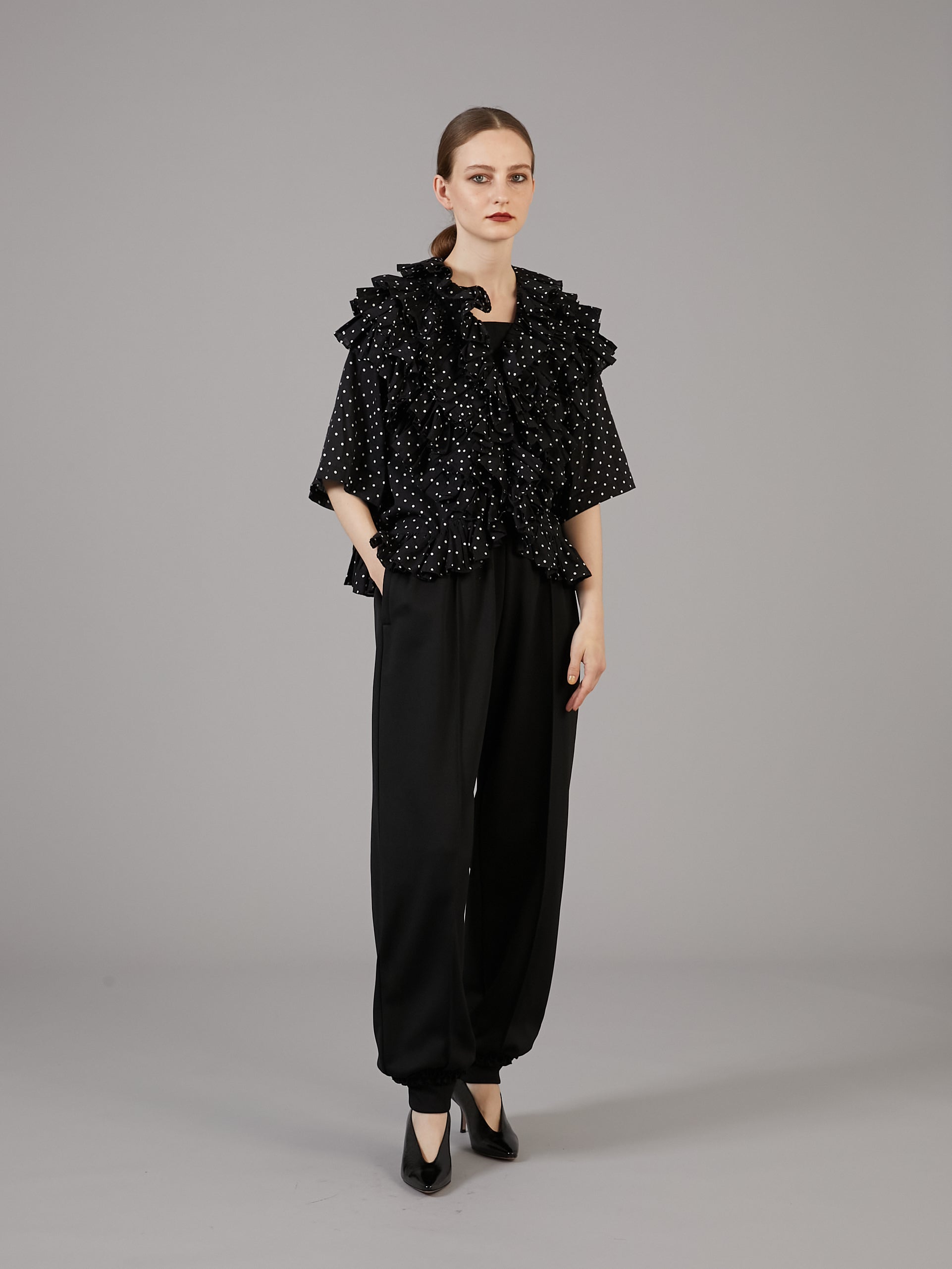 frill poncho blouse | BLACK