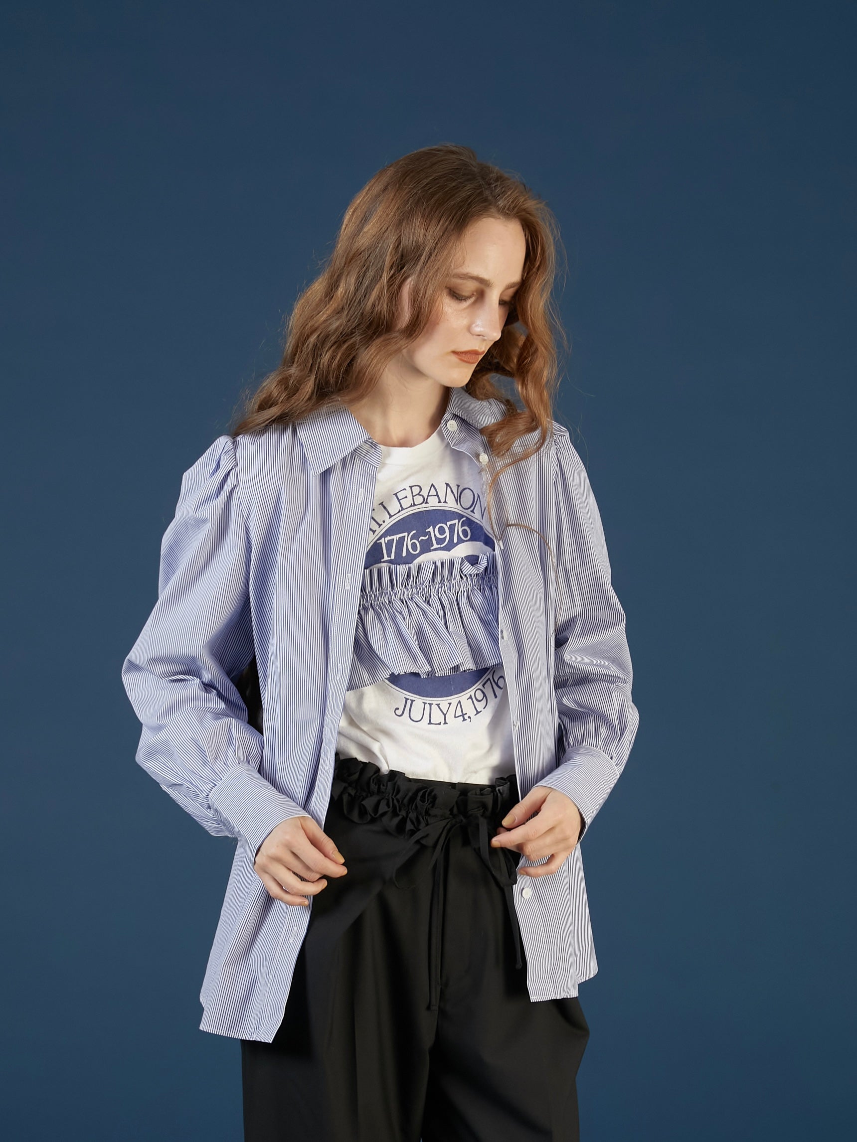 gathered cami puff sleeve shirts |BLUE