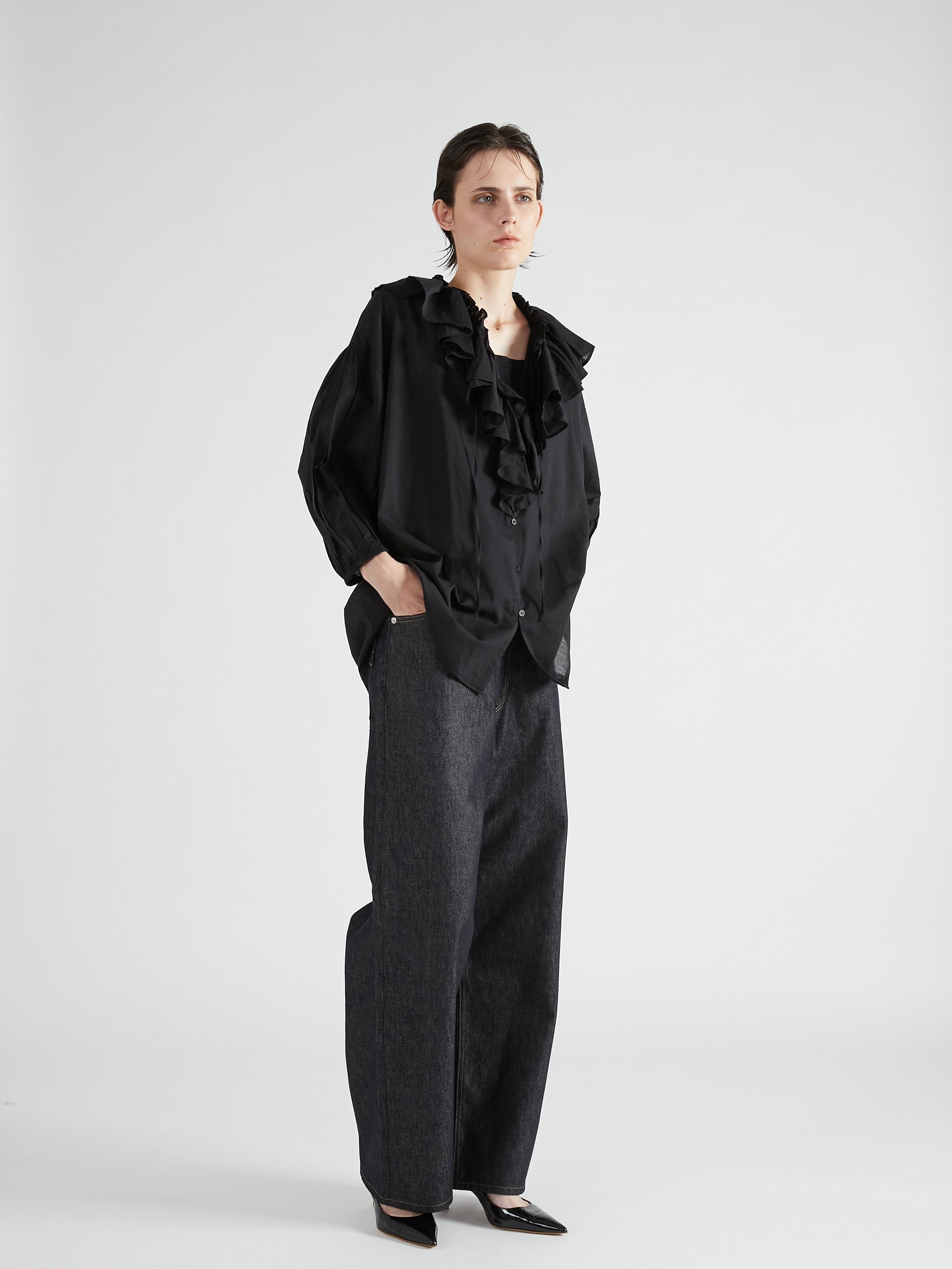 sheer ruffle blouse|BLACK