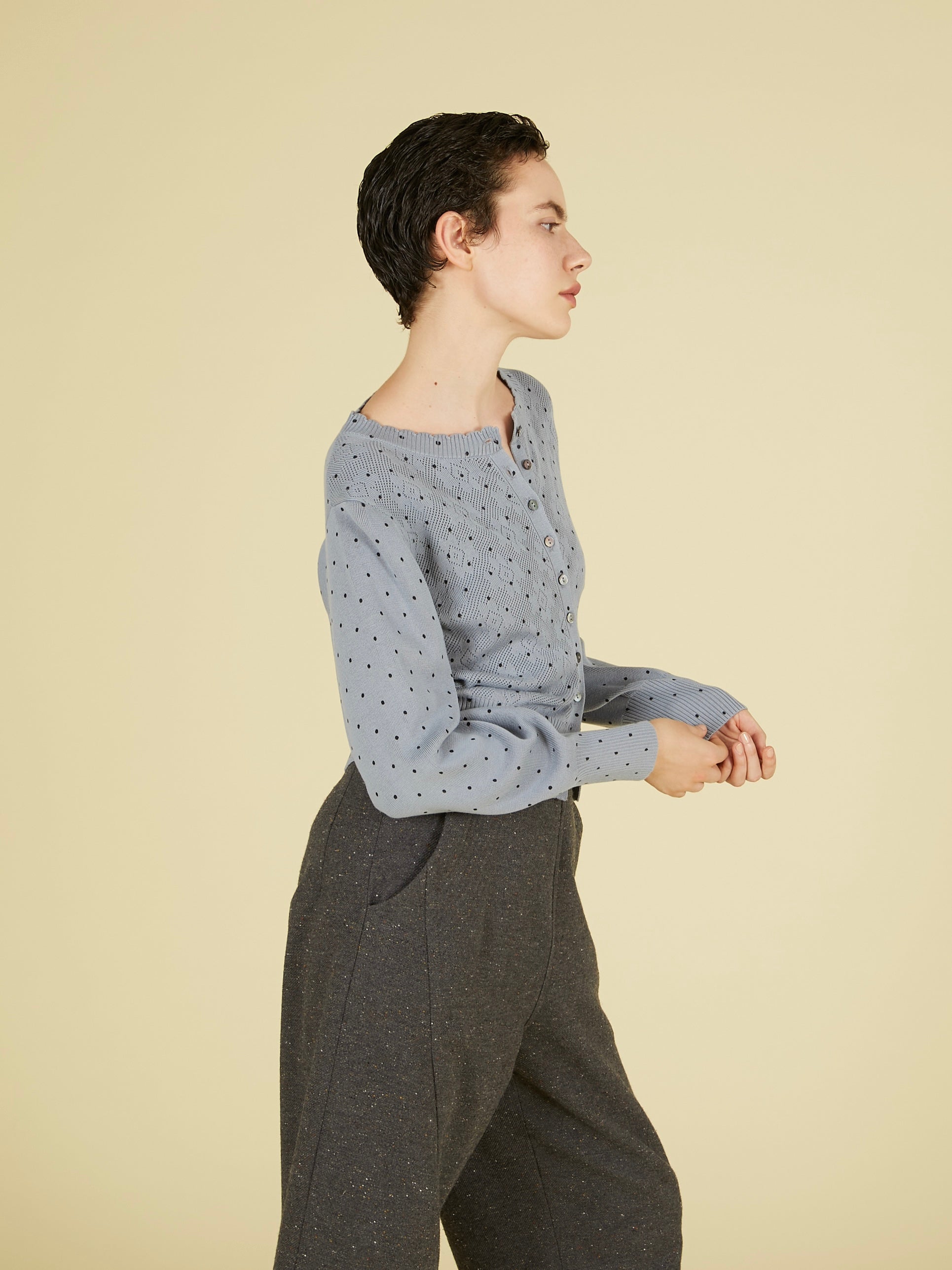 flower Jacquard dot cardigan|GRAY