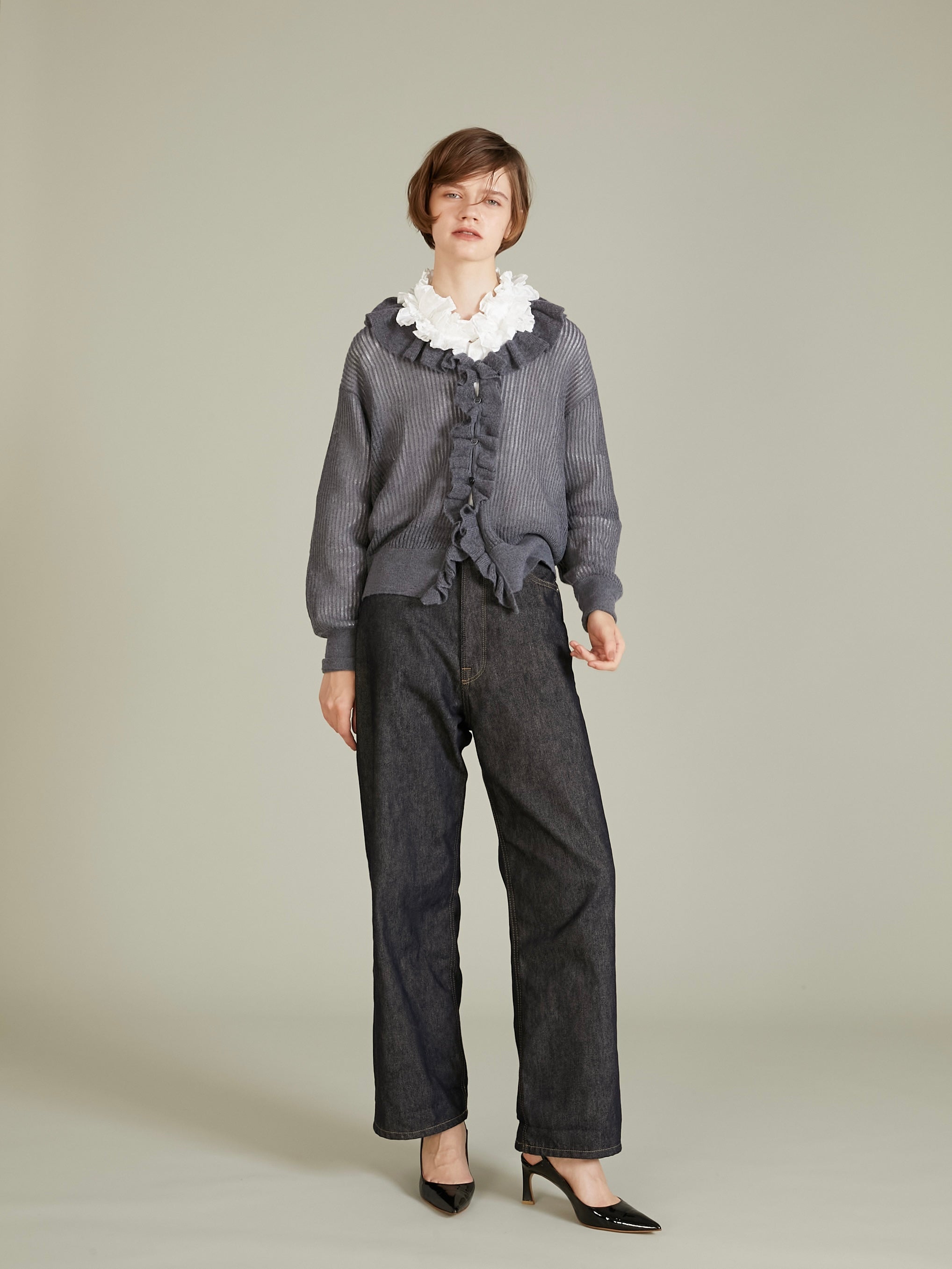 raffule frill cardigan|GRAY