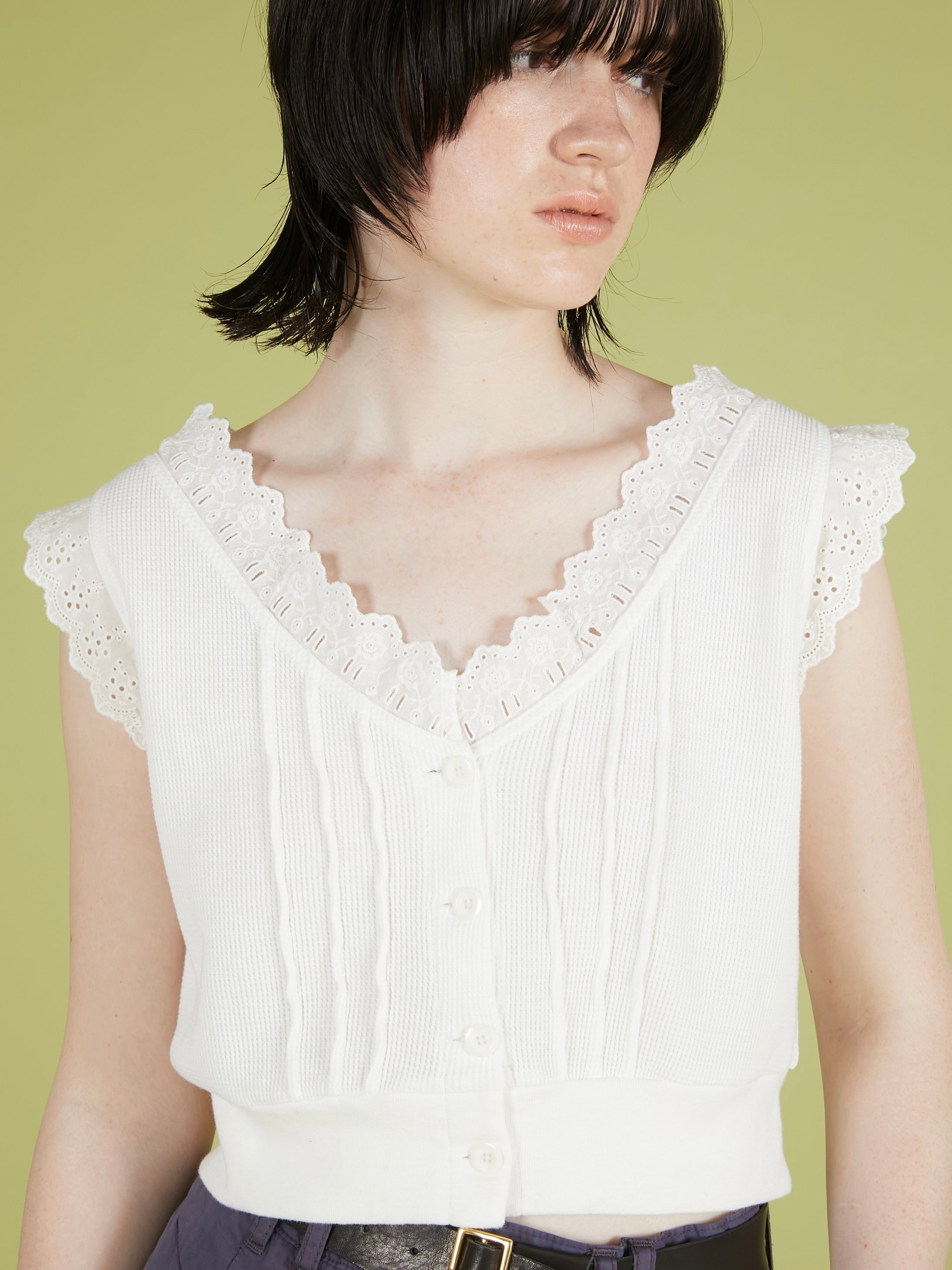 waffle frill vest|WHITE