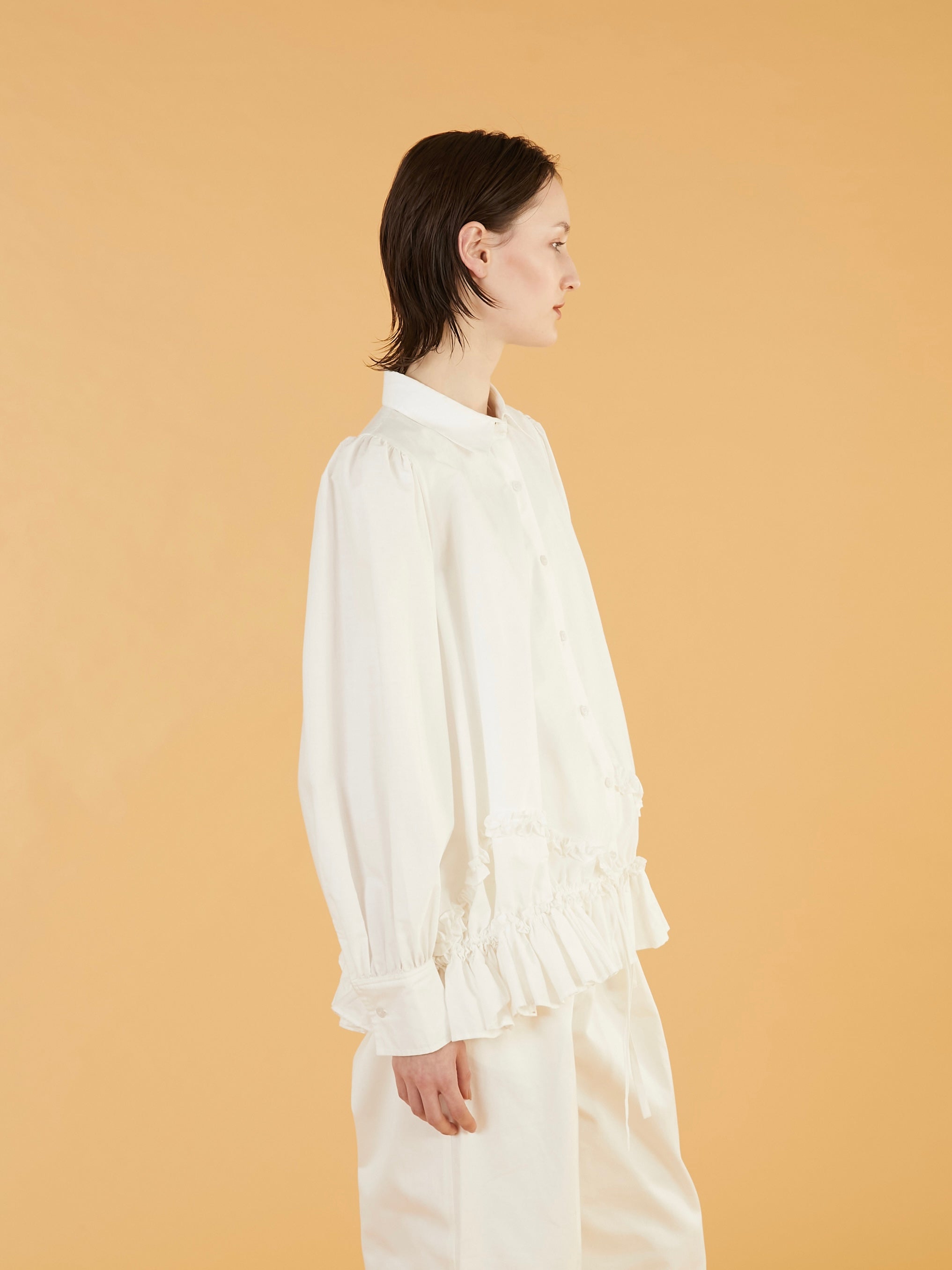 frill hem long sleeve shirts|WHITE