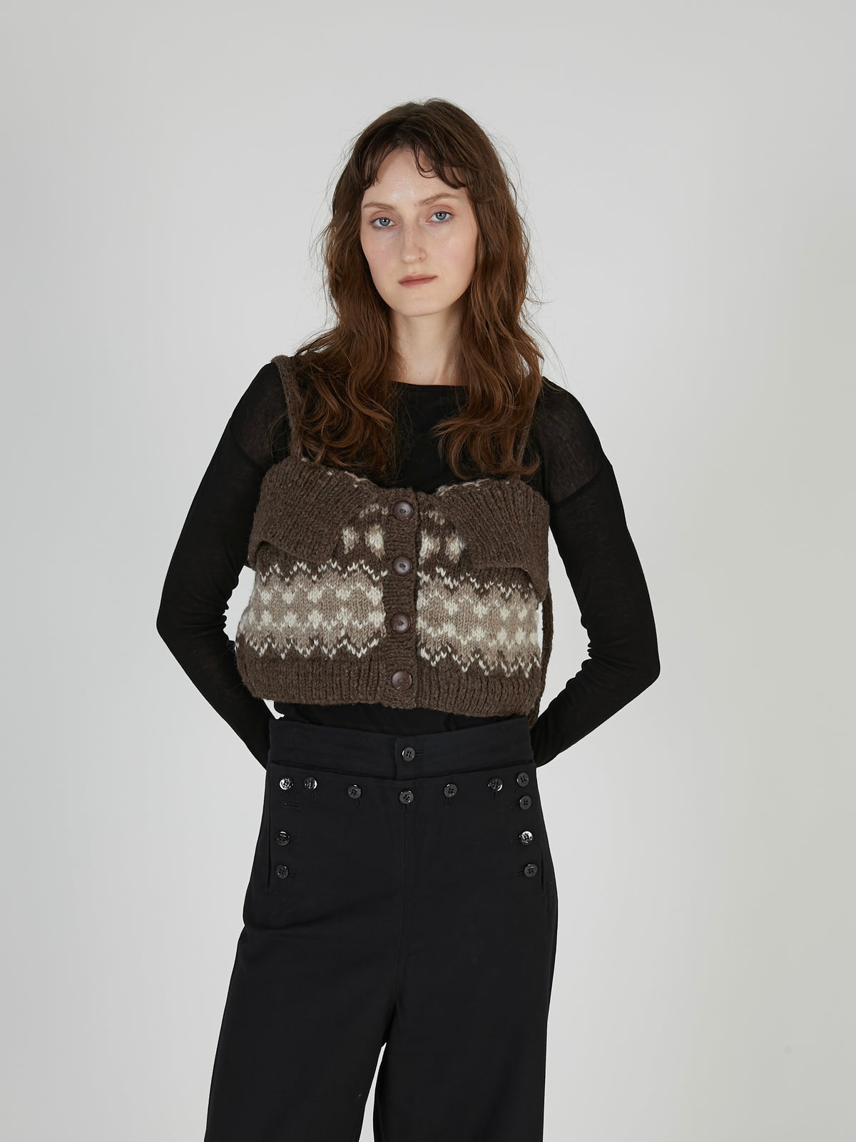 fair isle fringe hand knit bustier|BROWN