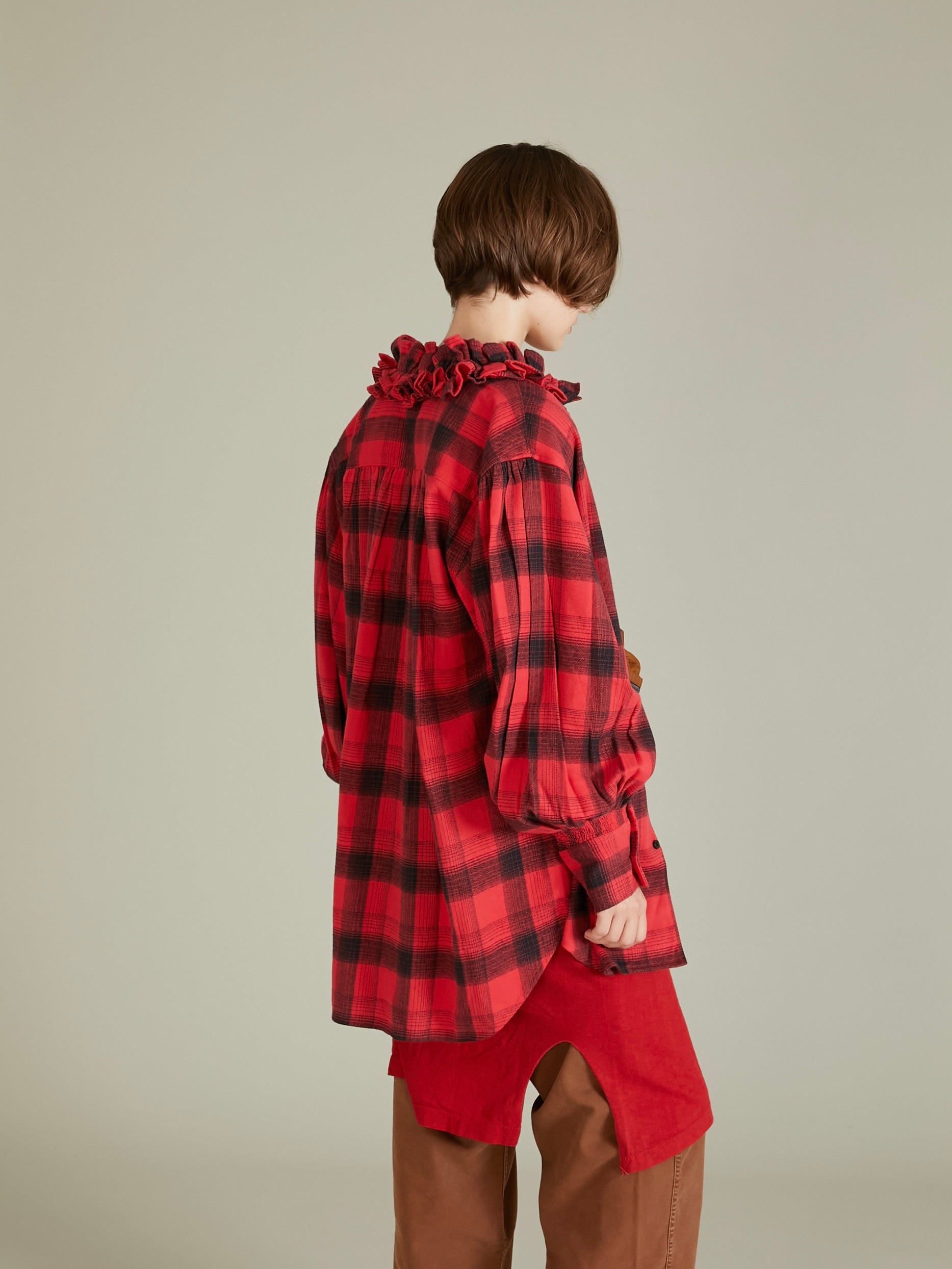nel check frill collar shirt|RED