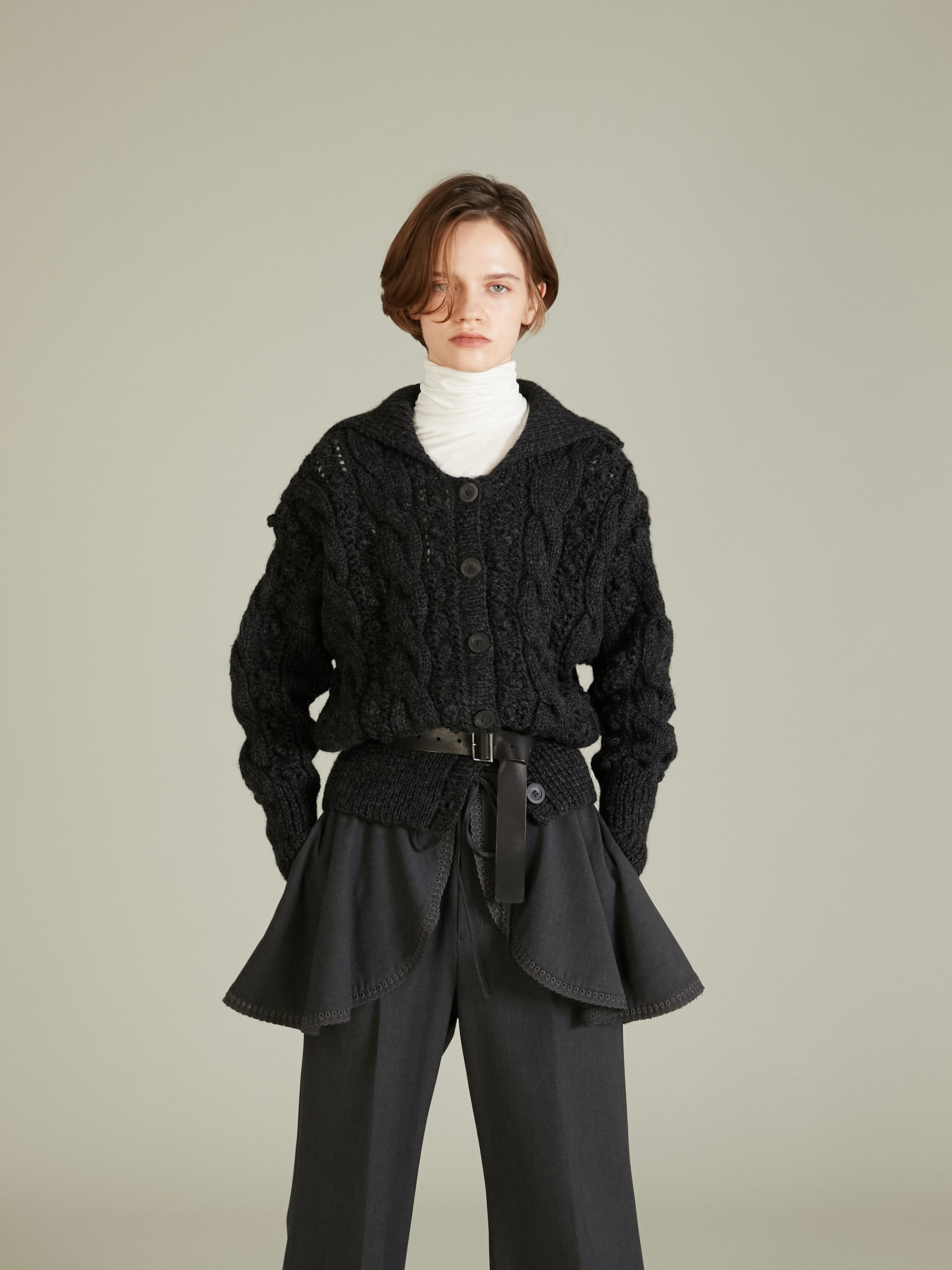 popcorn hand knit cardigan|CHARCOAL GRAY