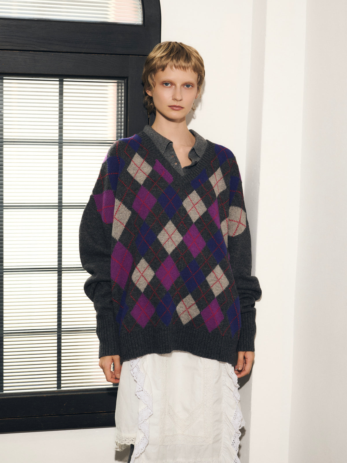 【griguri】argyle big knit|GRAY