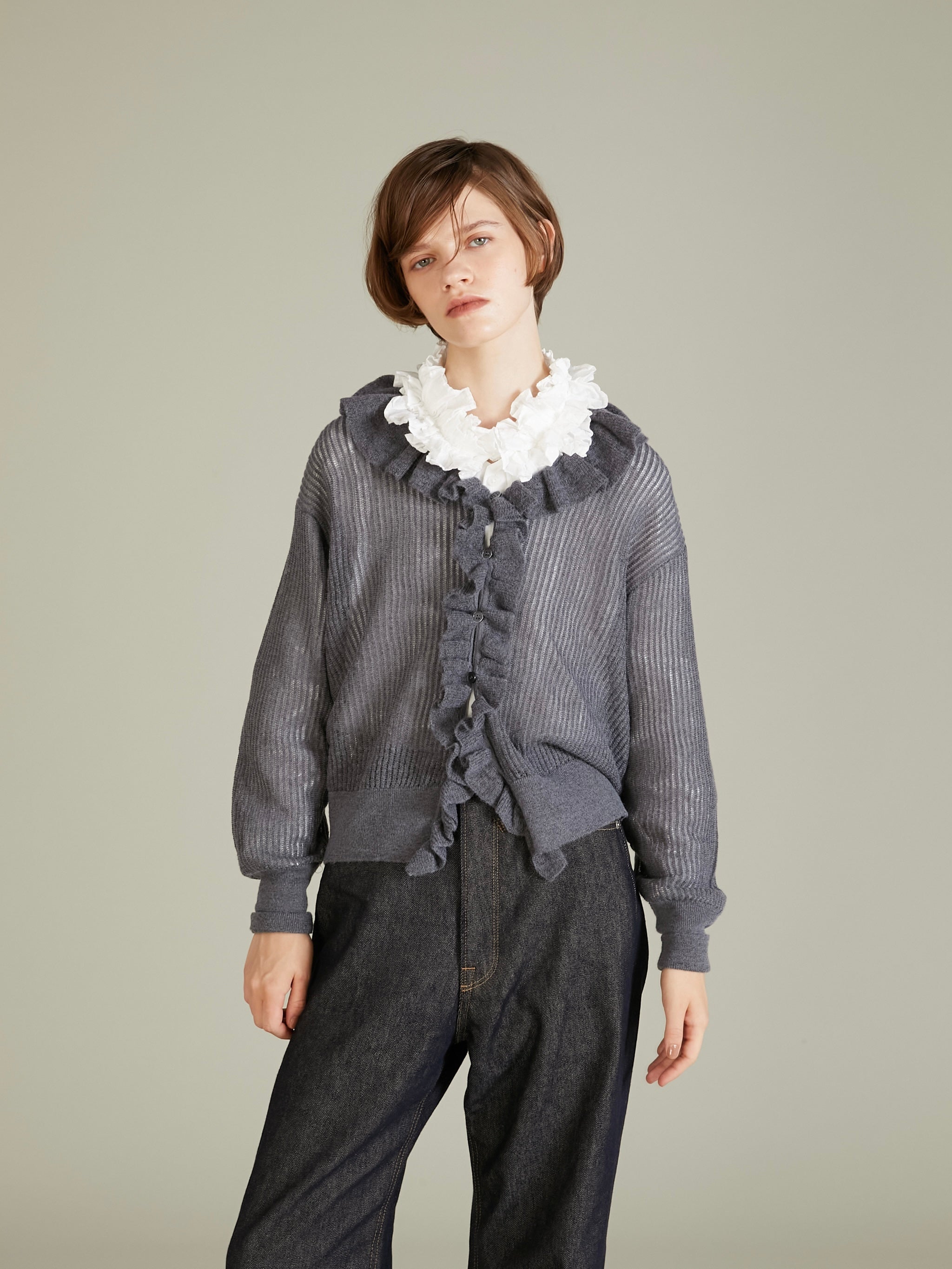 raffule frill cardigan|GRAY