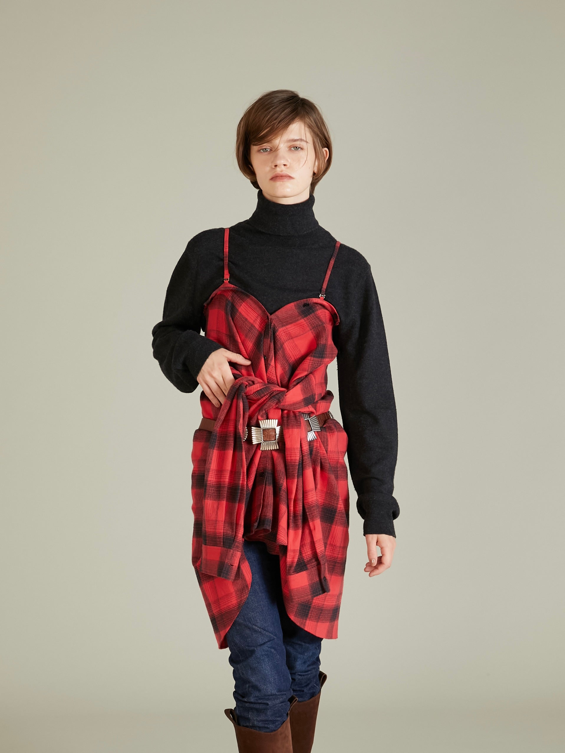 nel check shirt bustier|RED