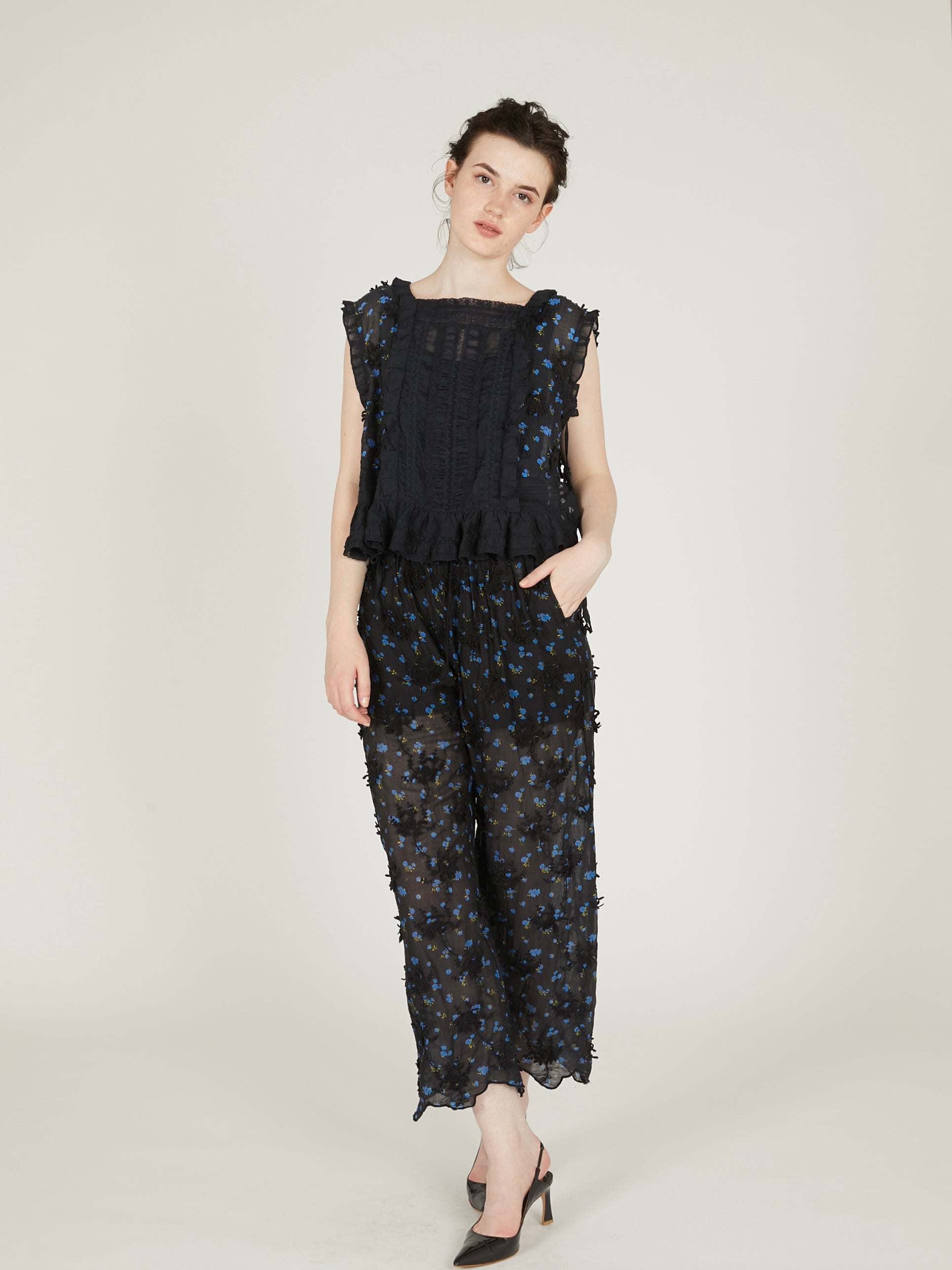 sheer flower easy pants|BLACK