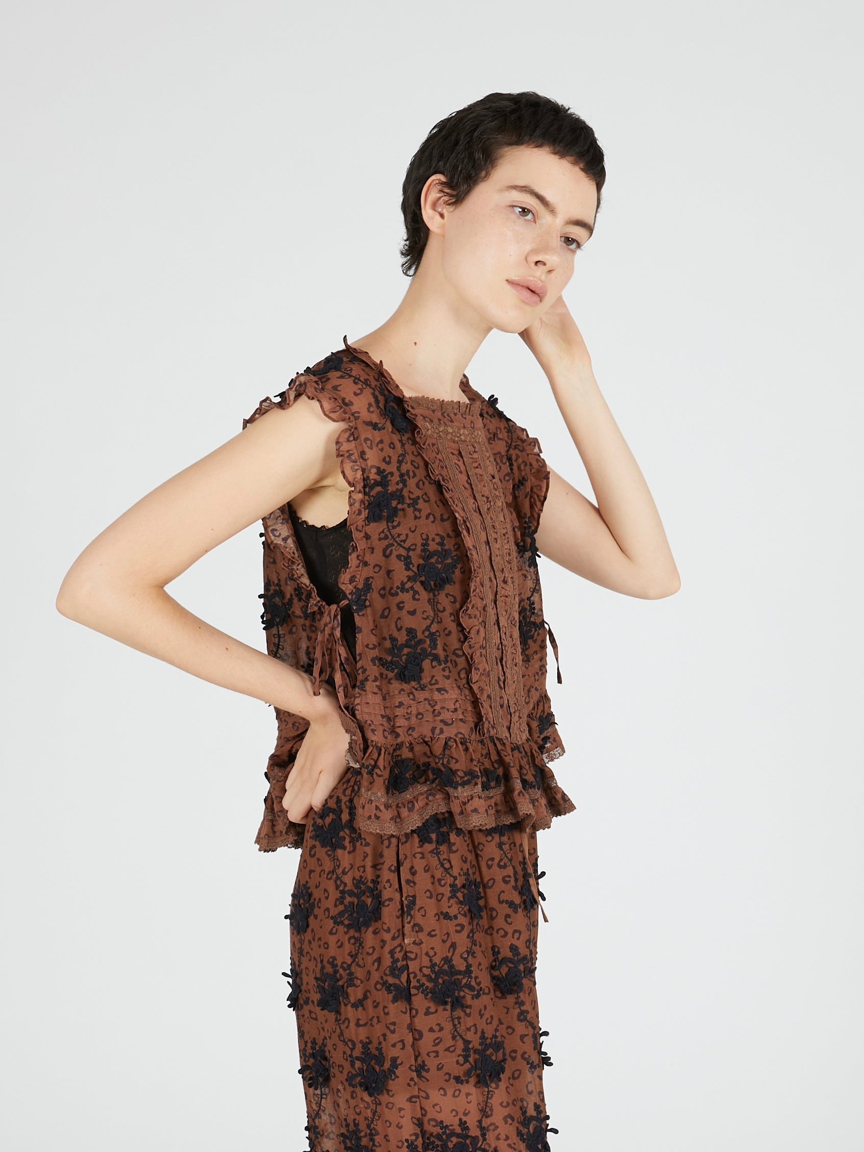 3D embroidery leopard blouse|BROWN