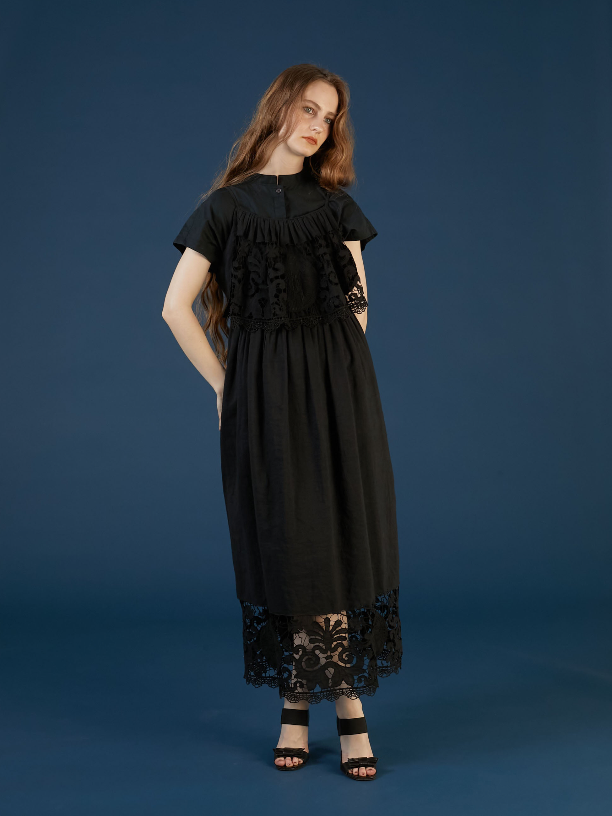 linen cotton motif lace cami dress | BLACK