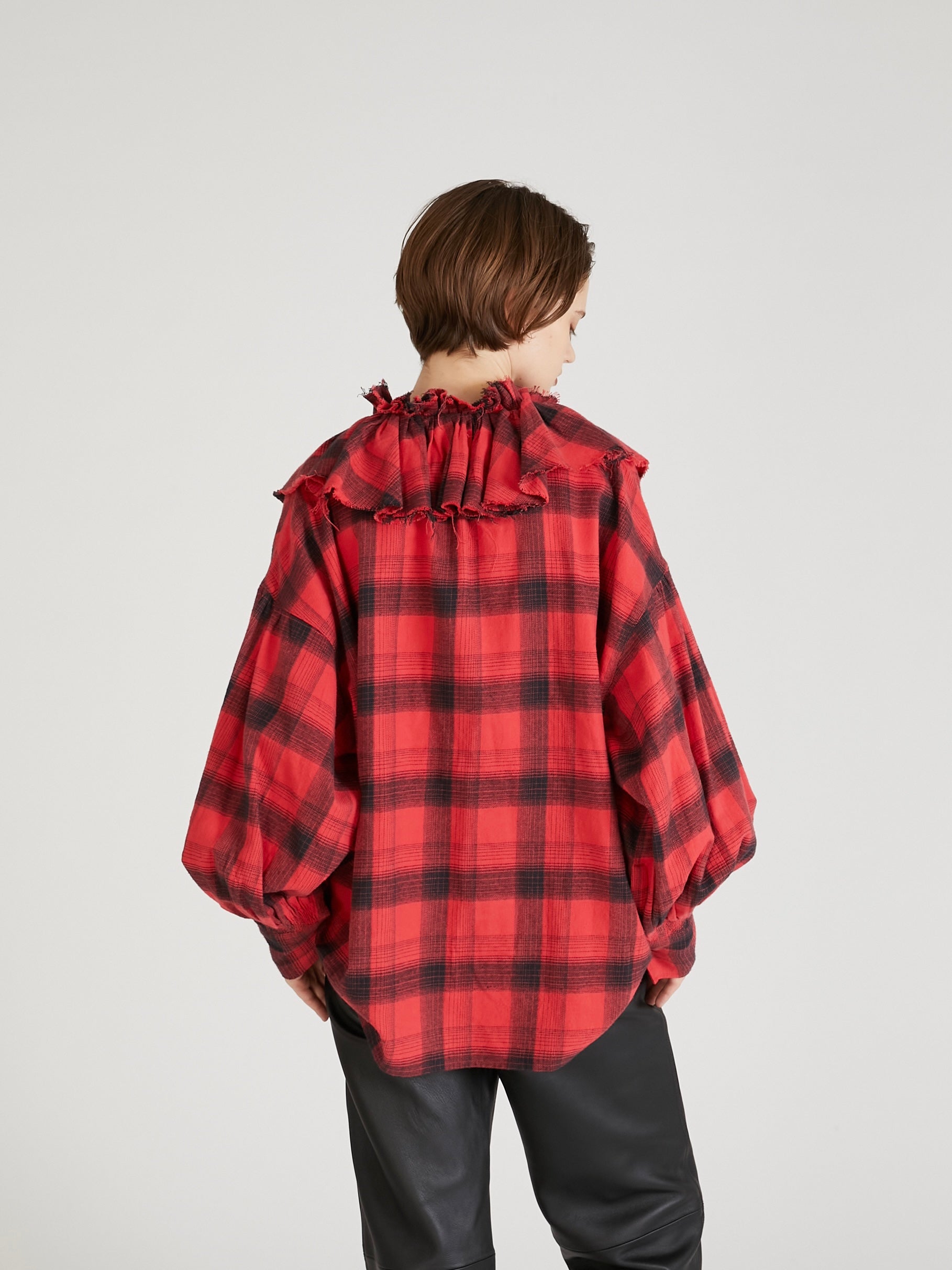 nel check ruffle blouse|RED