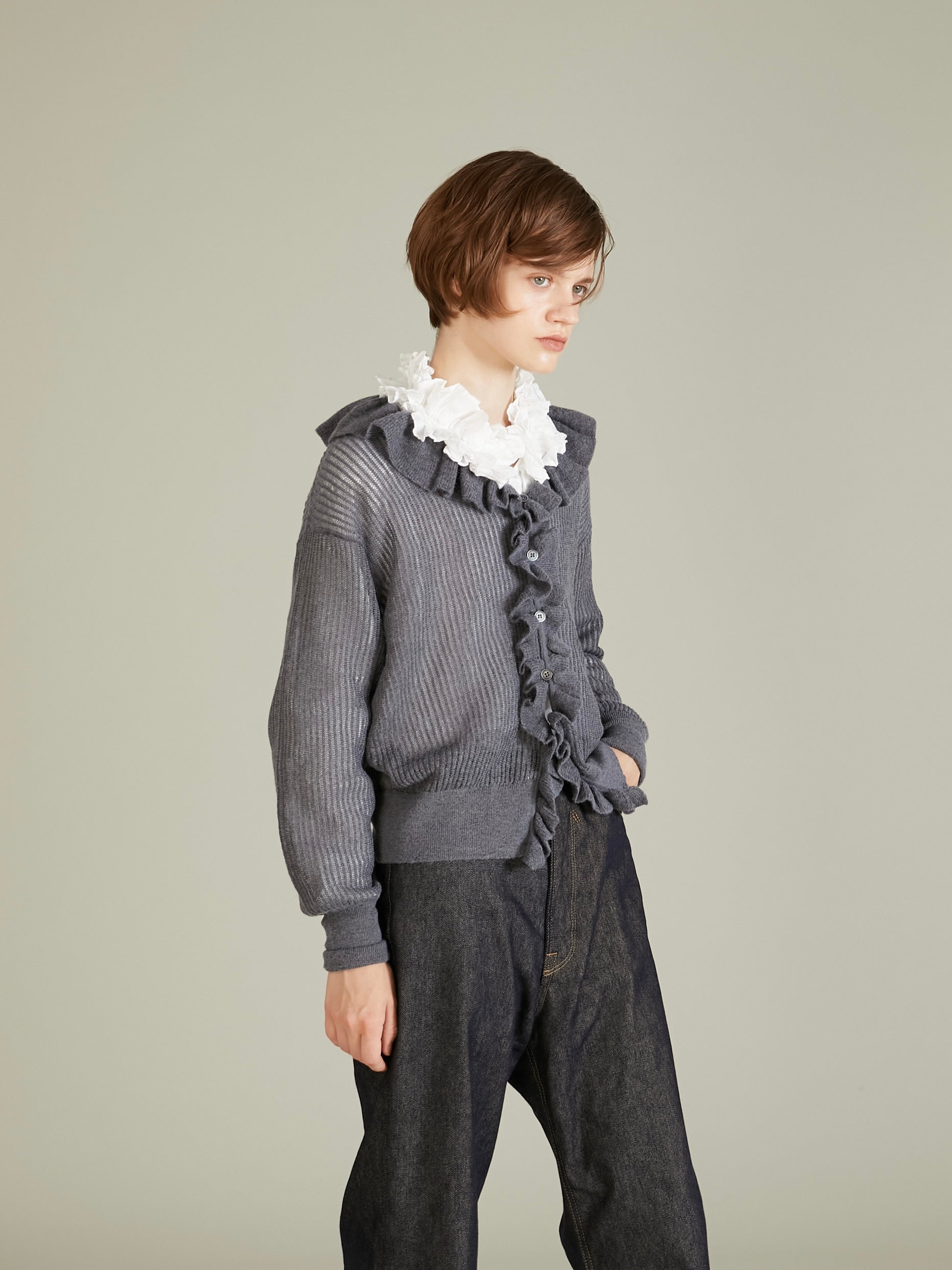 raffule frill cardigan|GRAY