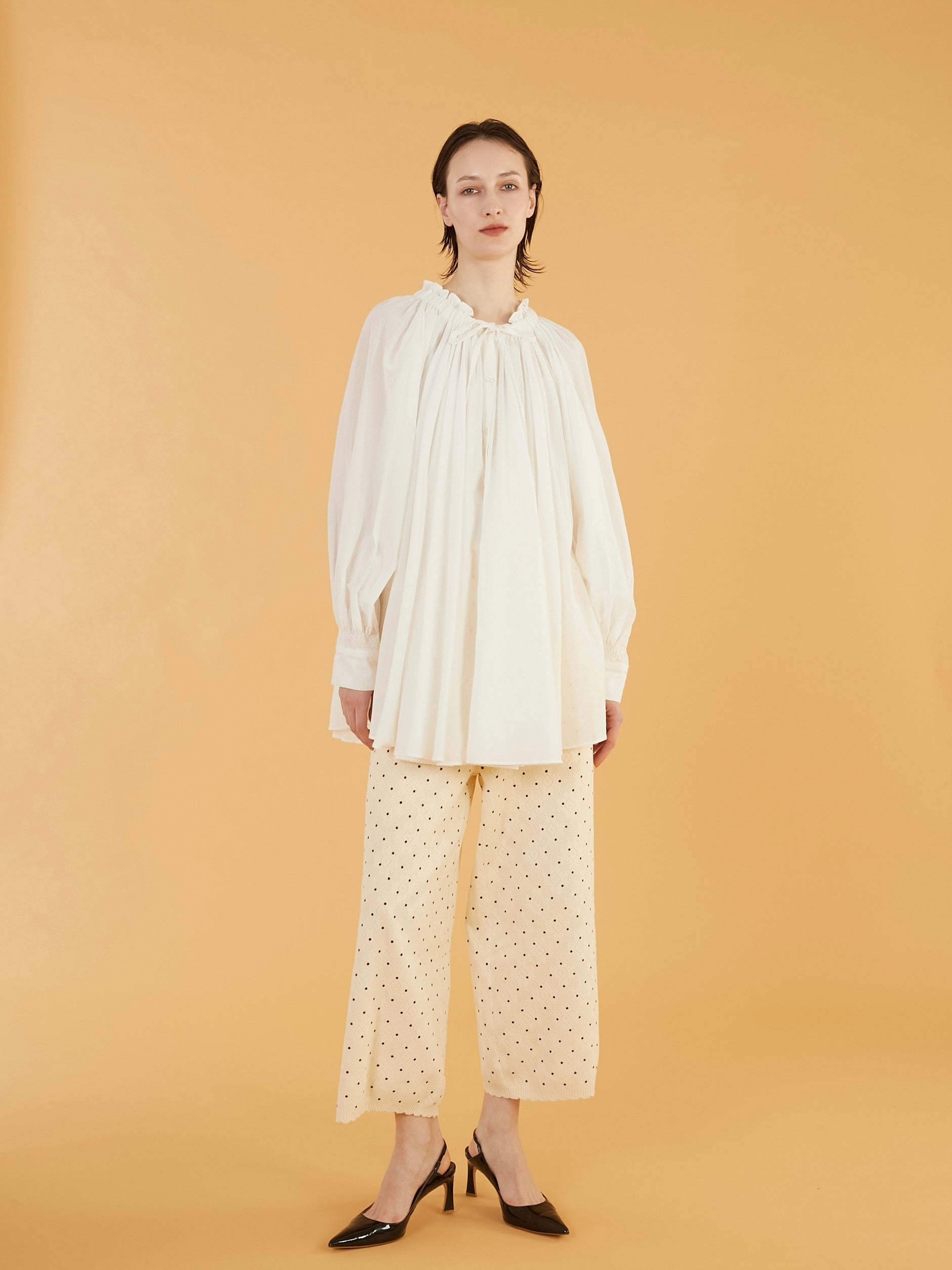 sheer gather volume blouse|WHITE