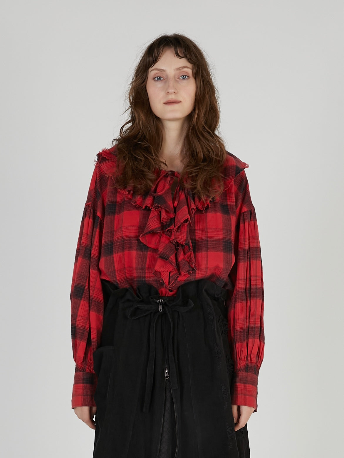 nel check ruffle blouse|RED