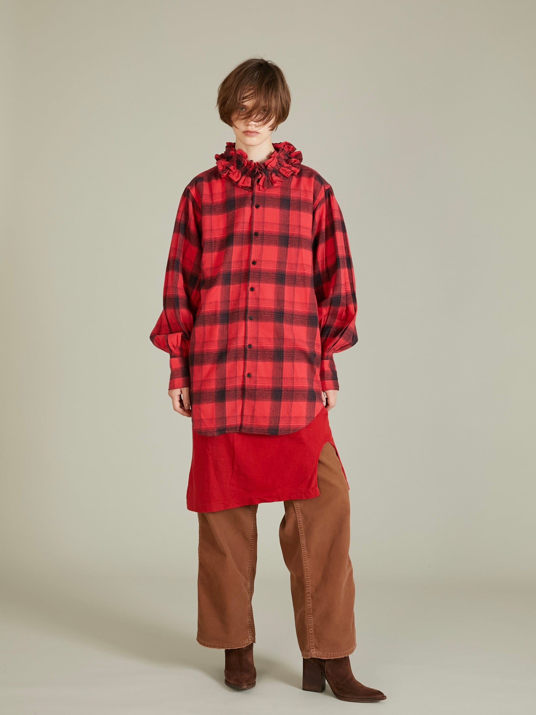 nel check frill collar shirt|RED