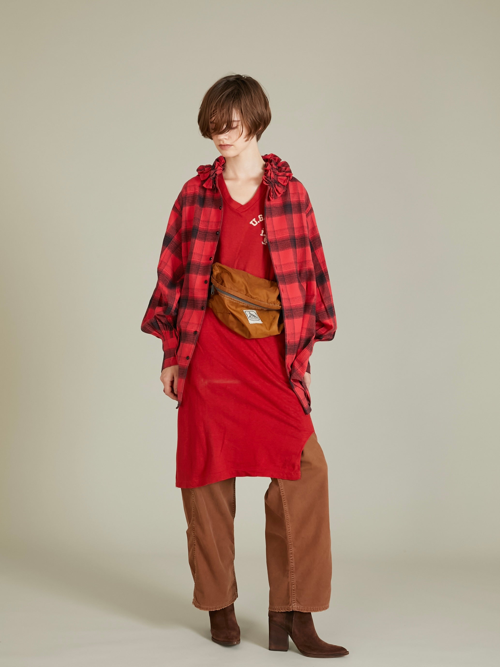 nel check frill collar shirt|RED
