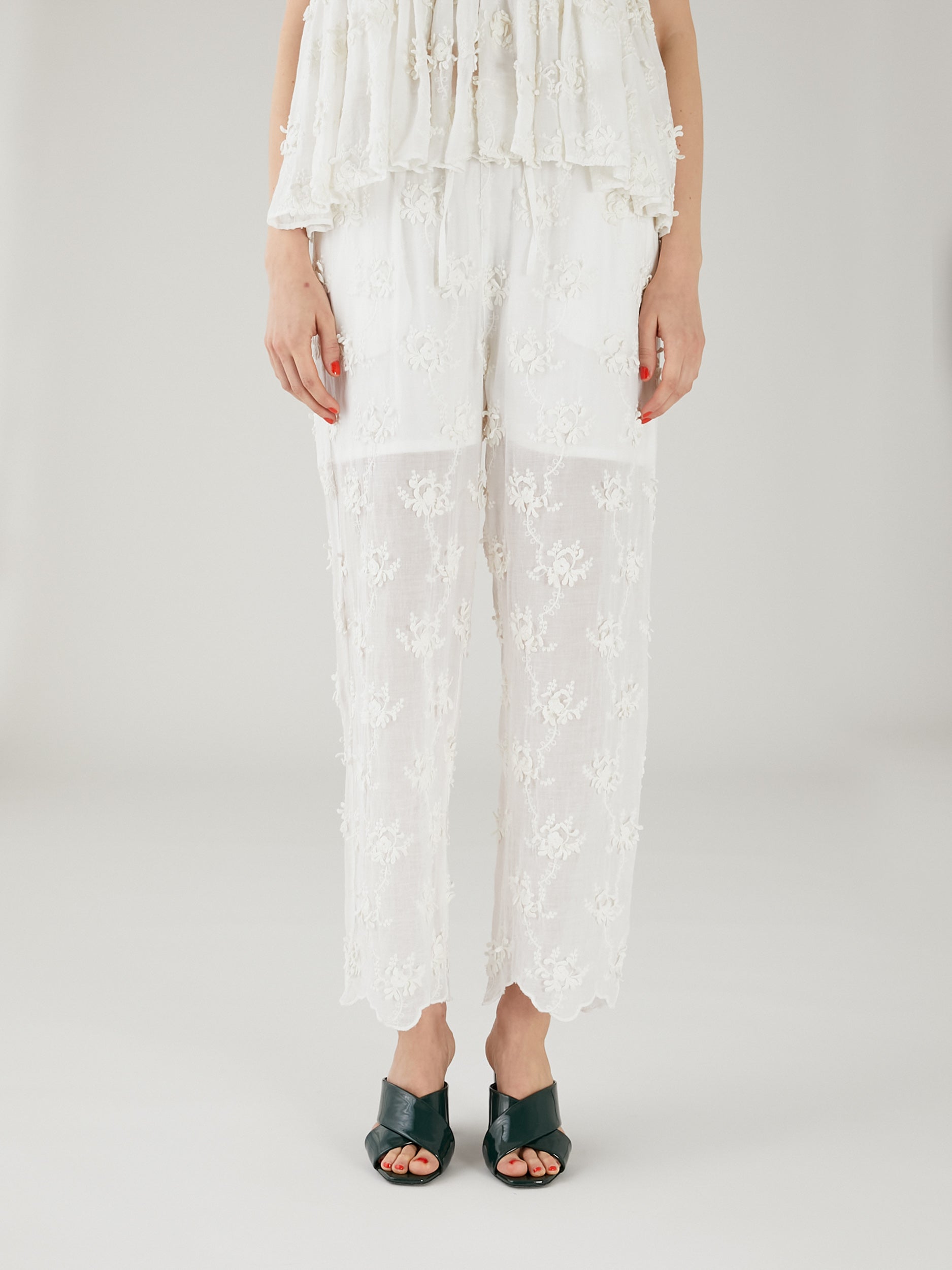 sheer cotton 3D embroidery easy pants | WHITE