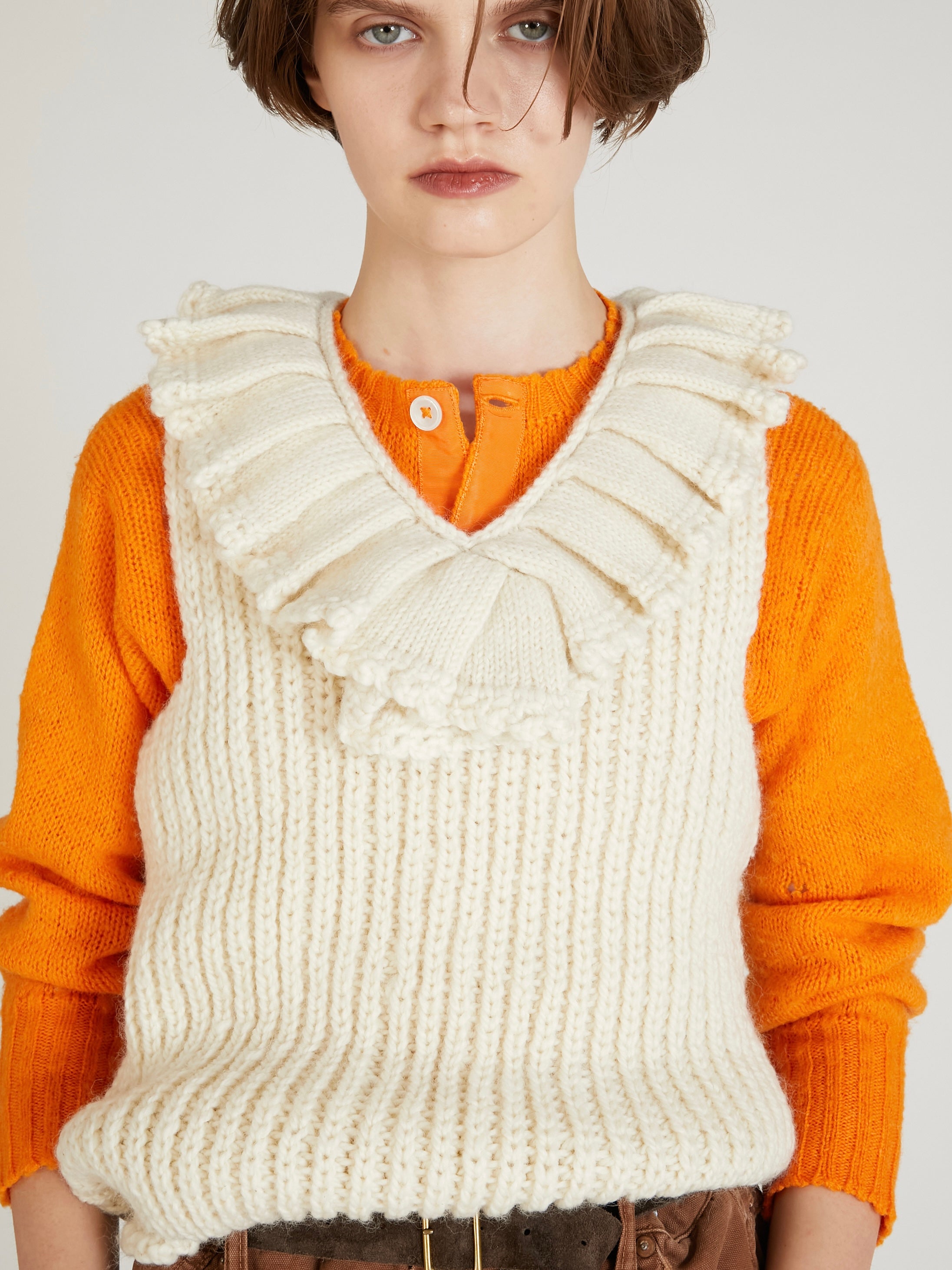 hand knit ruffle vest|IVORY
