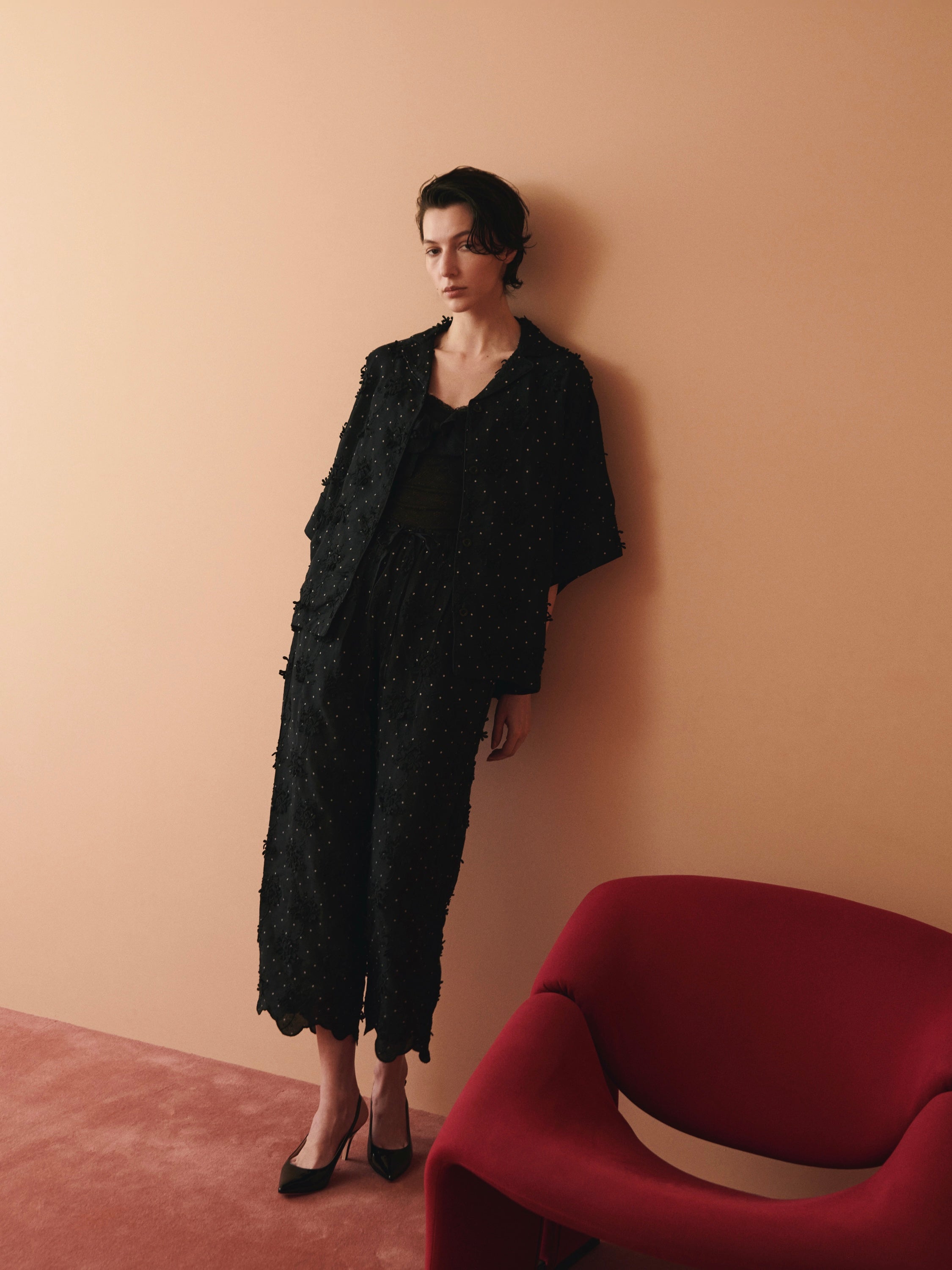 dot 3D embroidery open collar shirts|BLACK